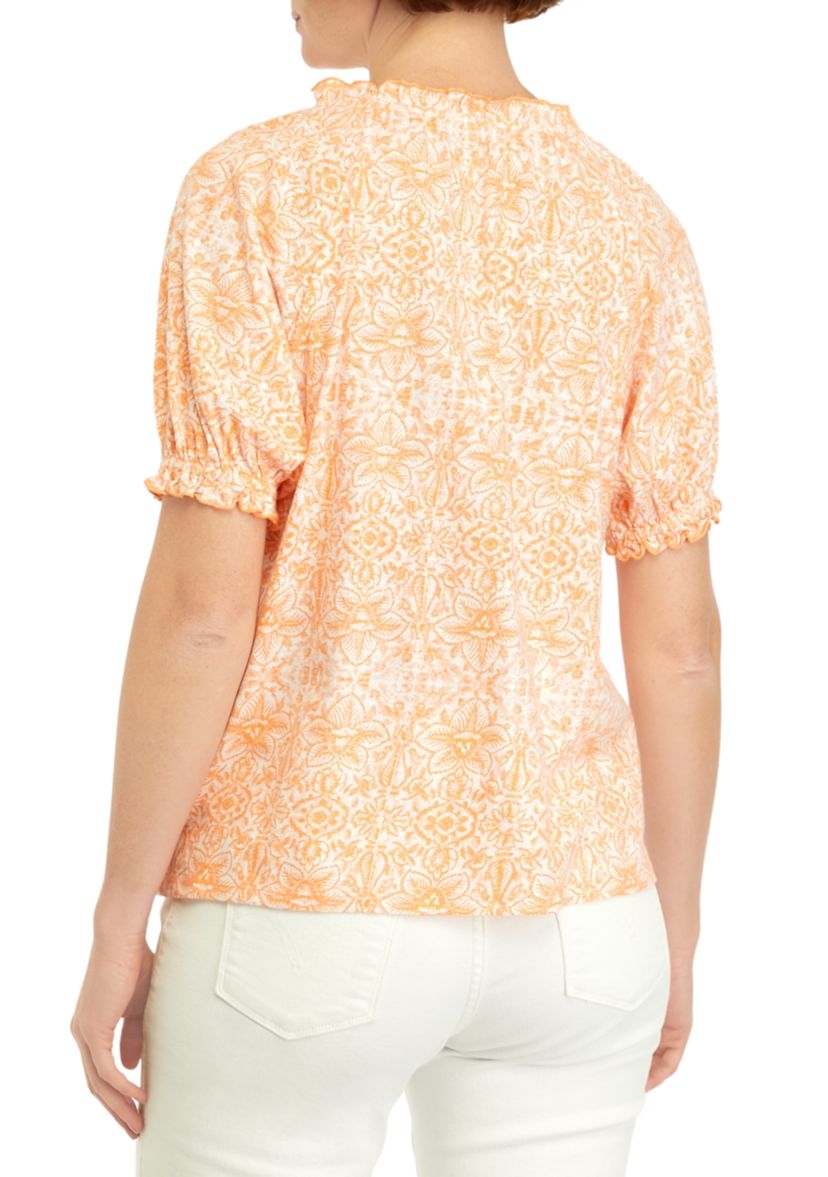 Petite Pintuck Printed Peasant Top