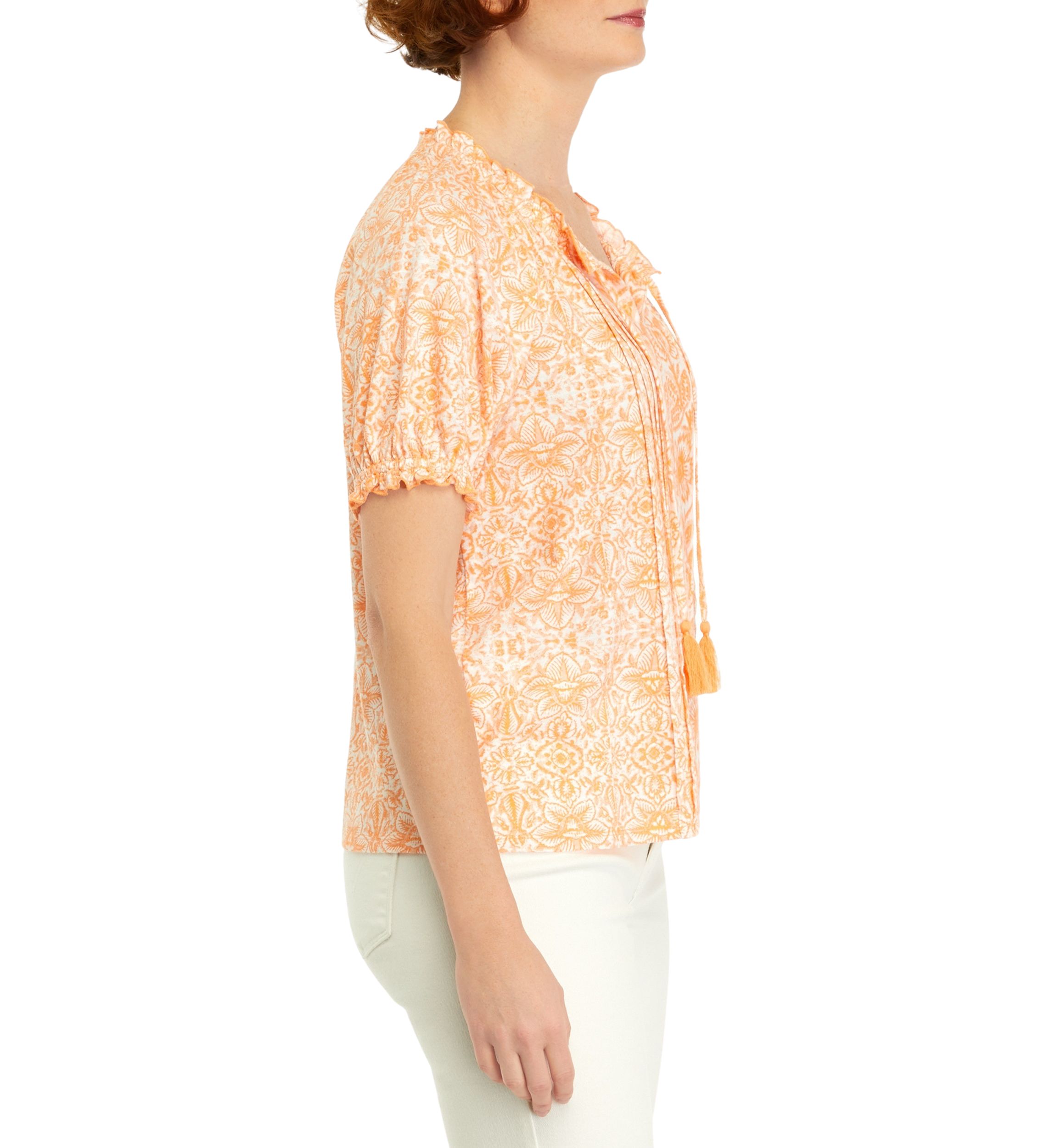 Petite Pintuck Printed Peasant Top