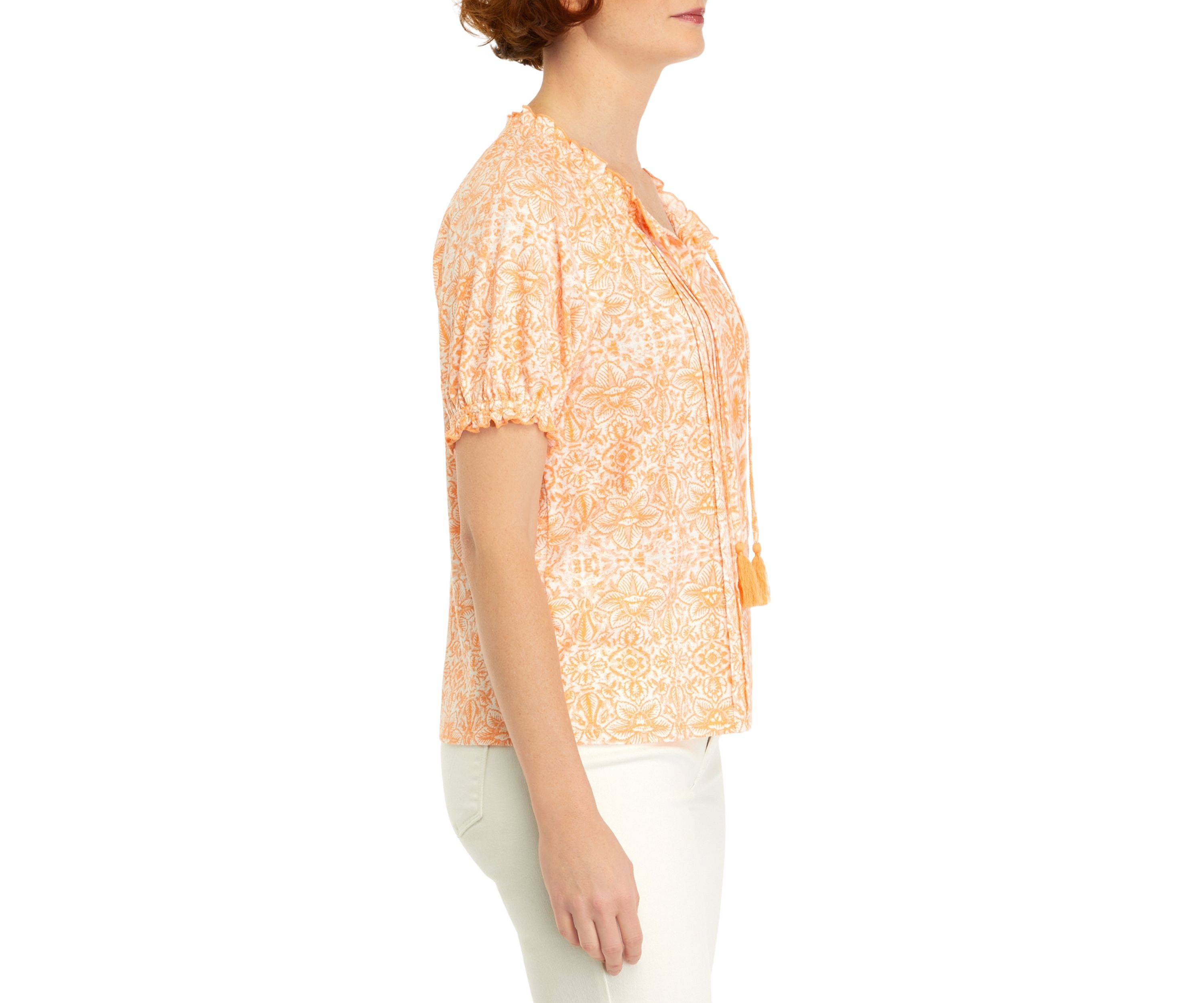 Petite Pintuck Printed Peasant Top