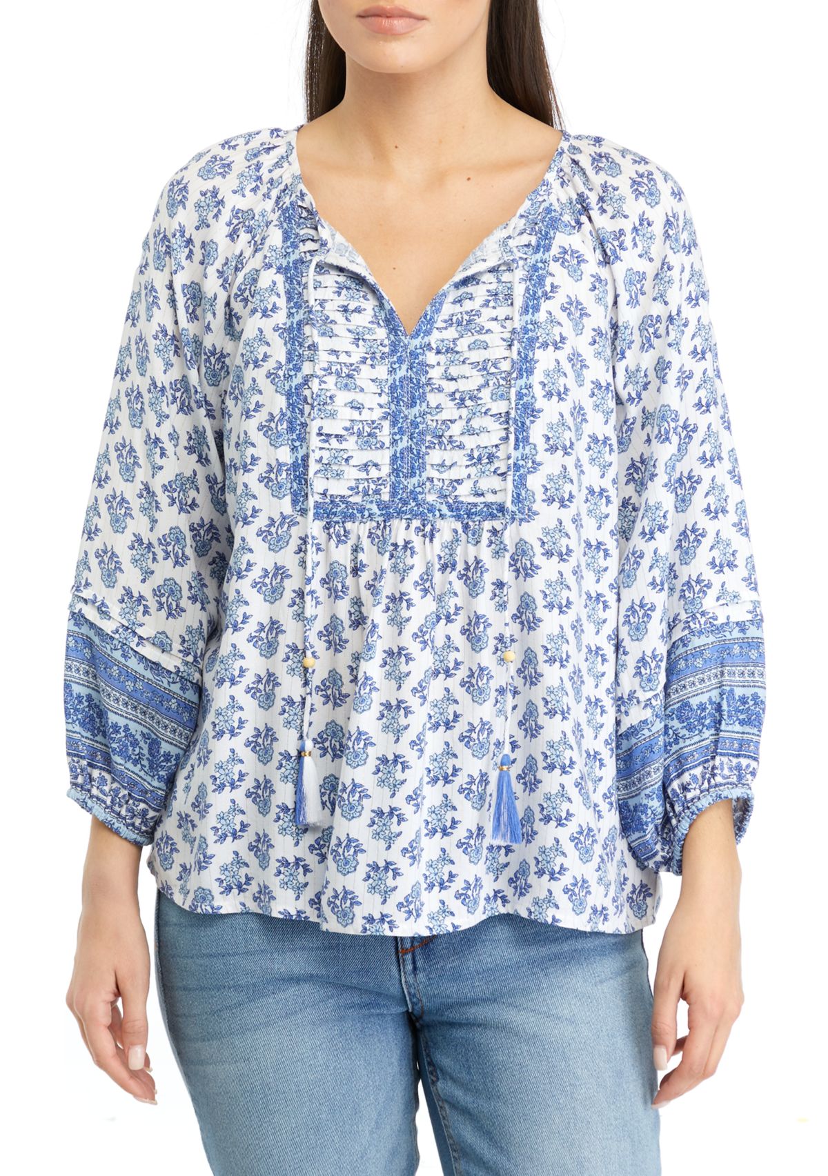 Petite 3/4 Sleeve Shine Pintuck Peasant Top