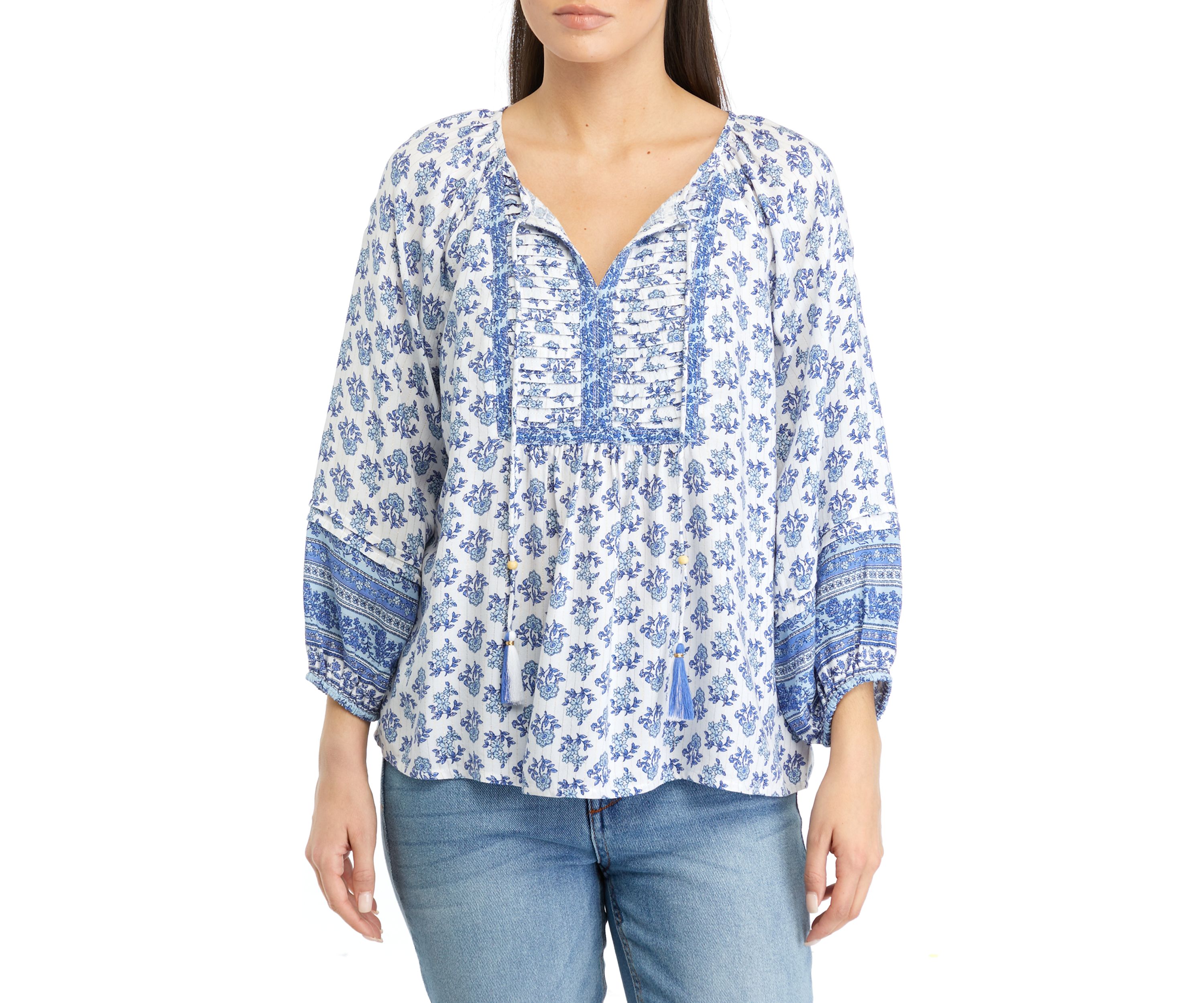 Petite 3/4 Sleeve Shine Pintuck Peasant Top