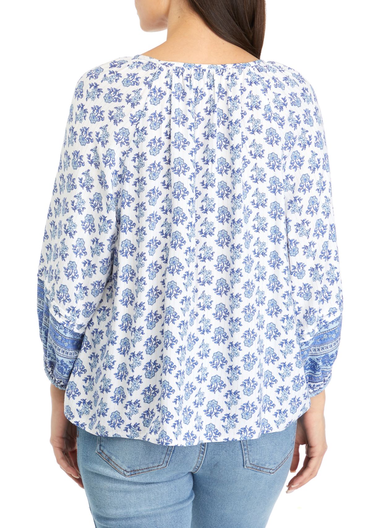 Petite 3/4 Sleeve Shine Pintuck Peasant Top