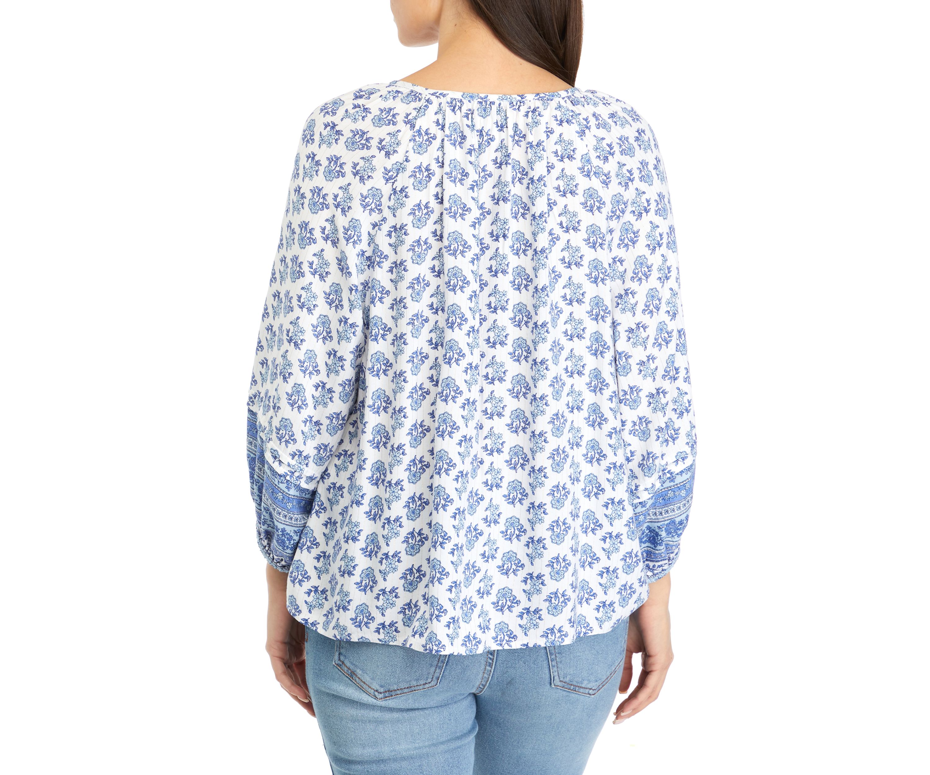 Petite 3/4 Sleeve Shine Pintuck Peasant Top