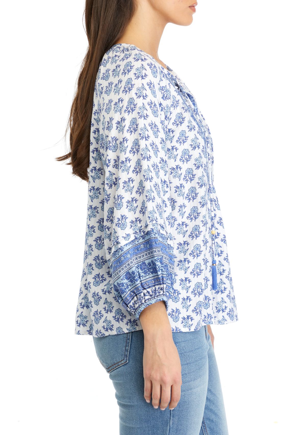 Petite 3/4 Sleeve Shine Pintuck Peasant Top