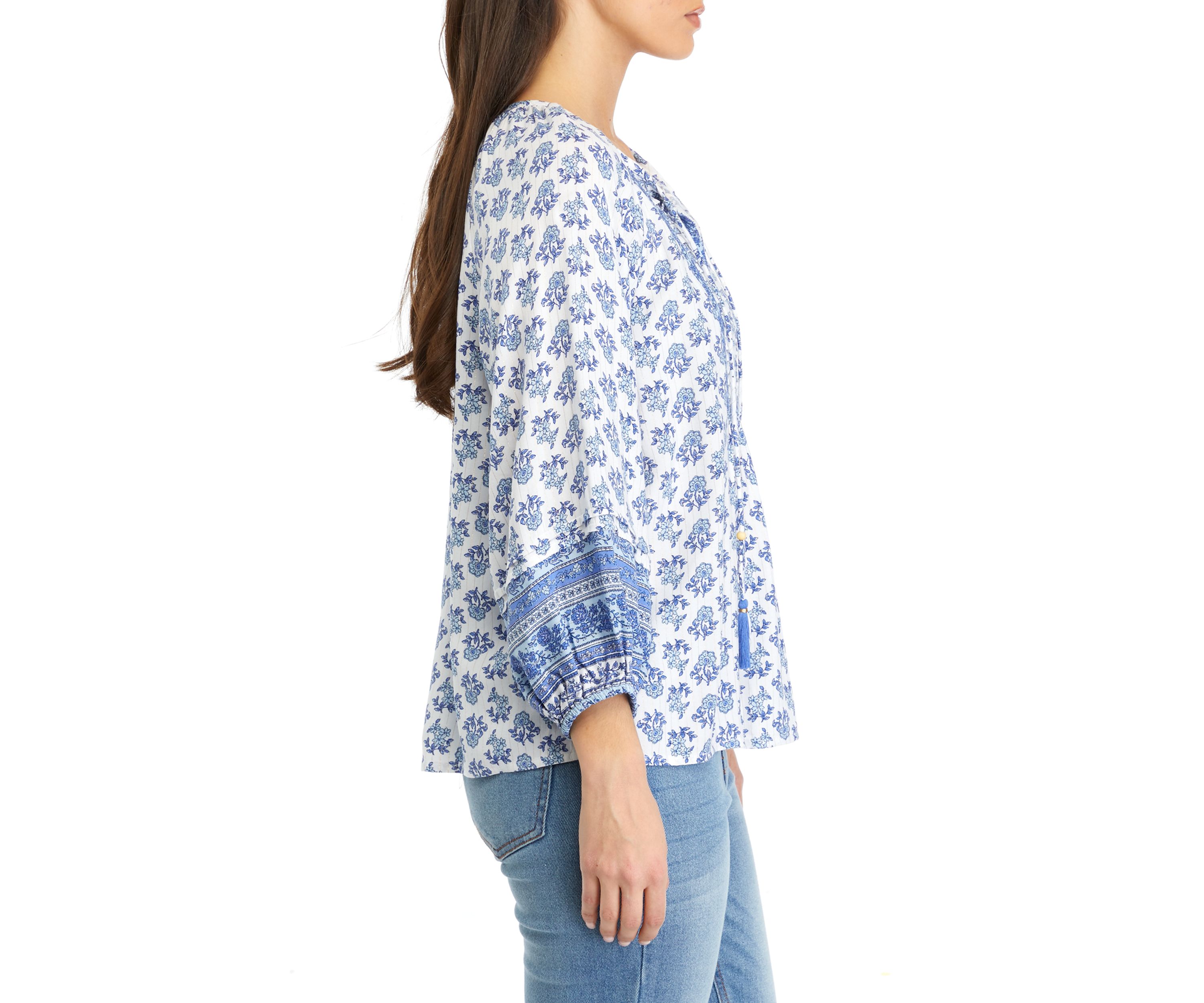 Petite 3/4 Sleeve Shine Pintuck Peasant Top