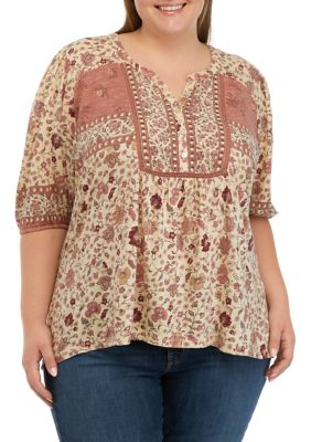 Wonderly Plus Size Mixed Print Peasant Top | belk