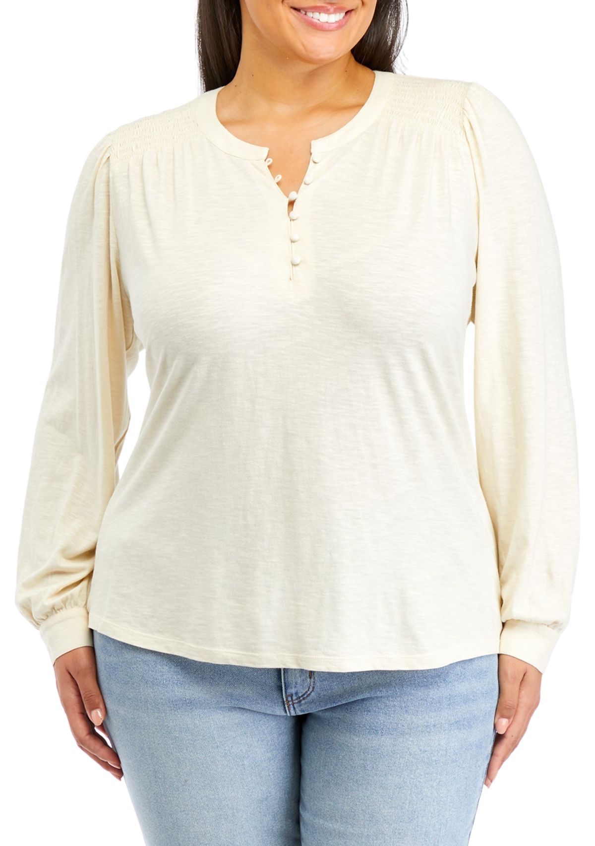 Plus Size Smocked Henley Shirt 
