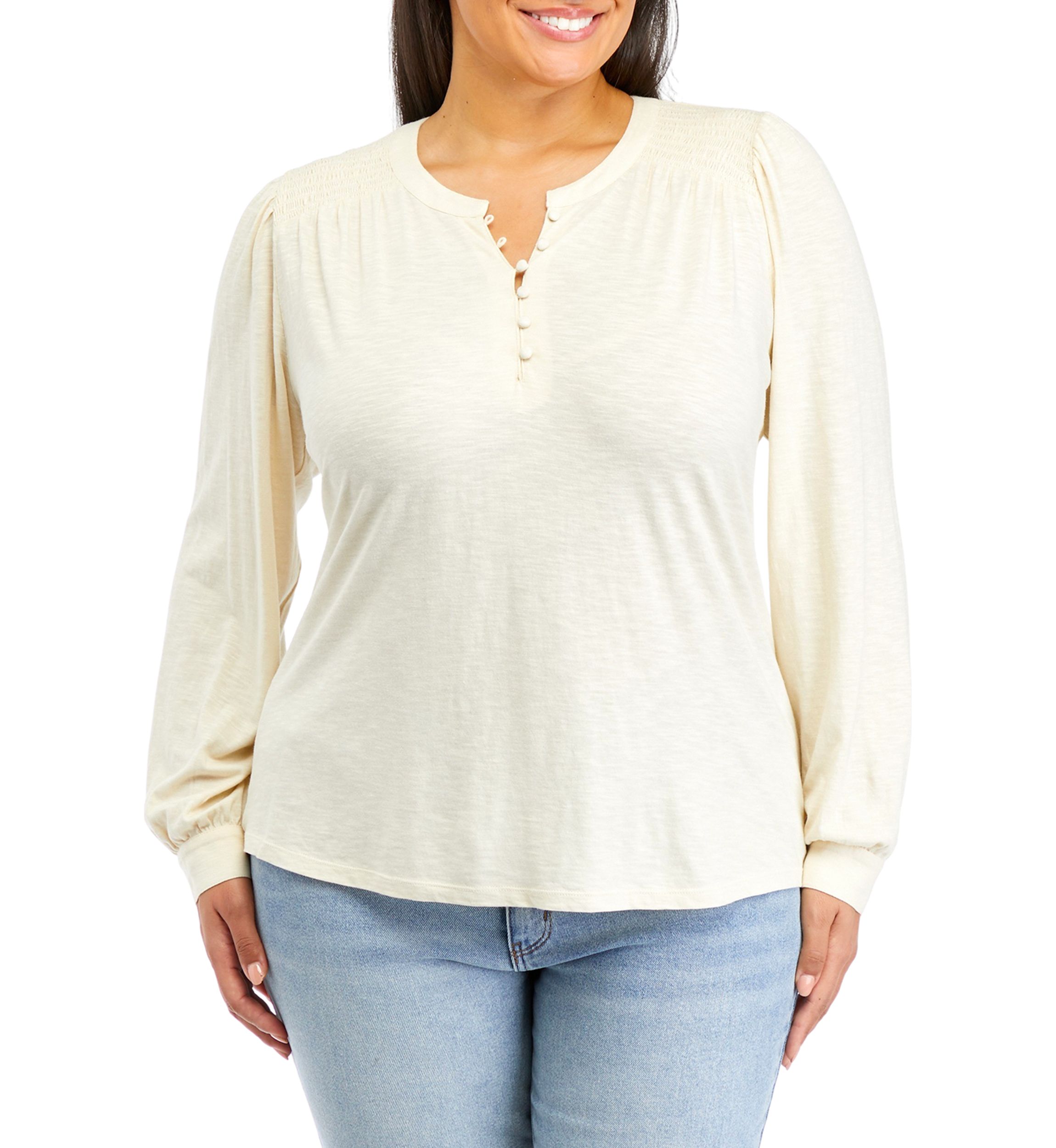Plus Size Smocked Henley Shirt 