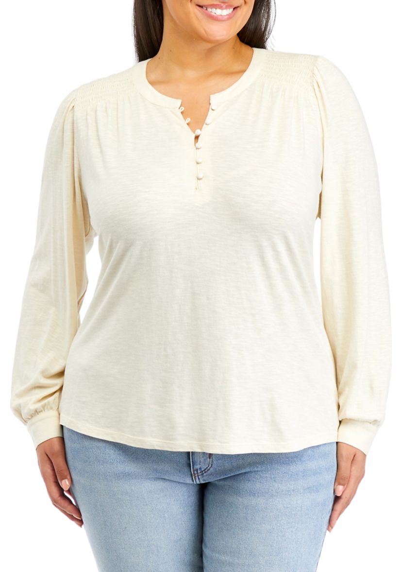 Plus Size Smocked Henley Shirt 