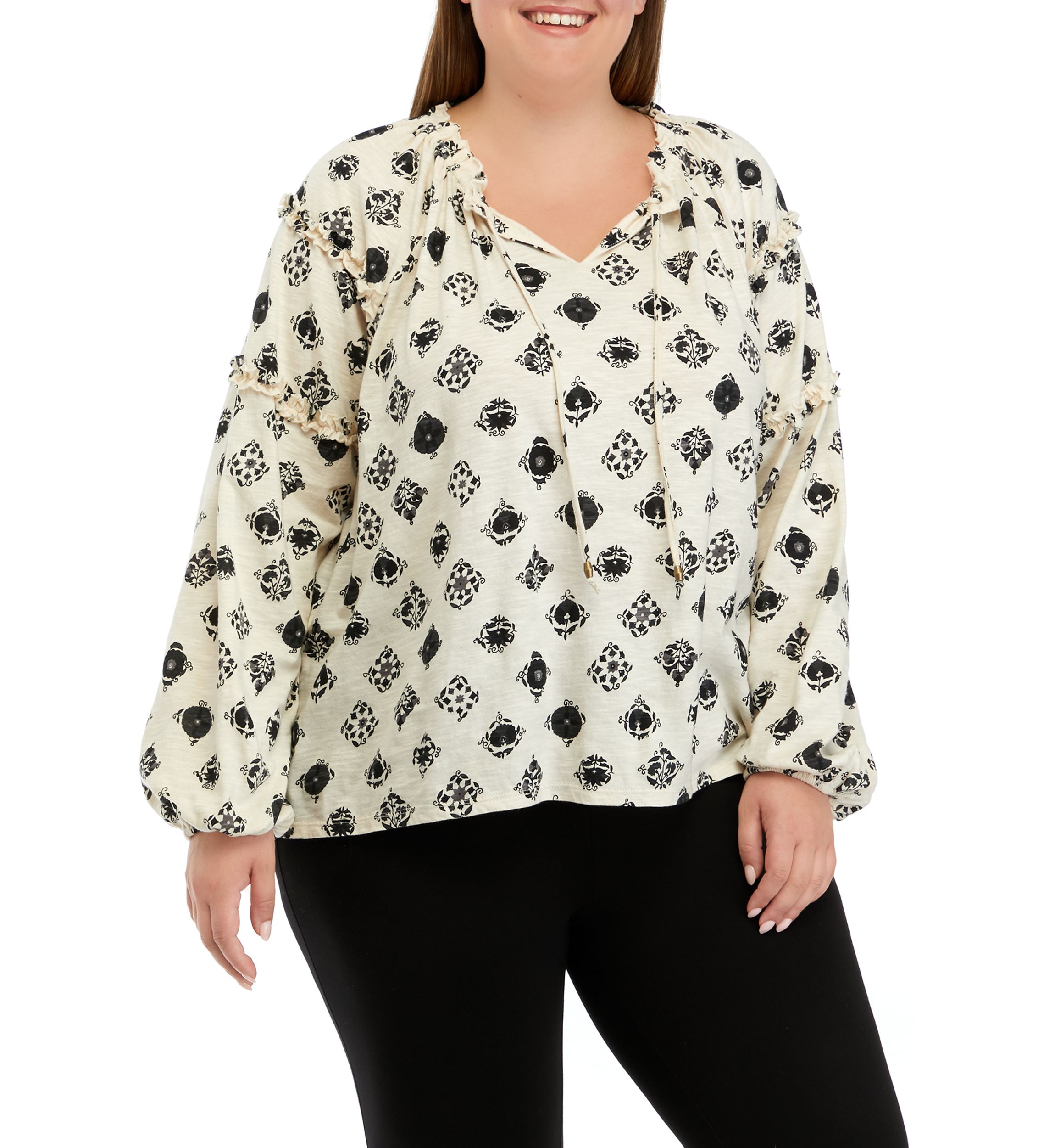 Plus Size Ruffle Sleeve Printed Peasant Top
