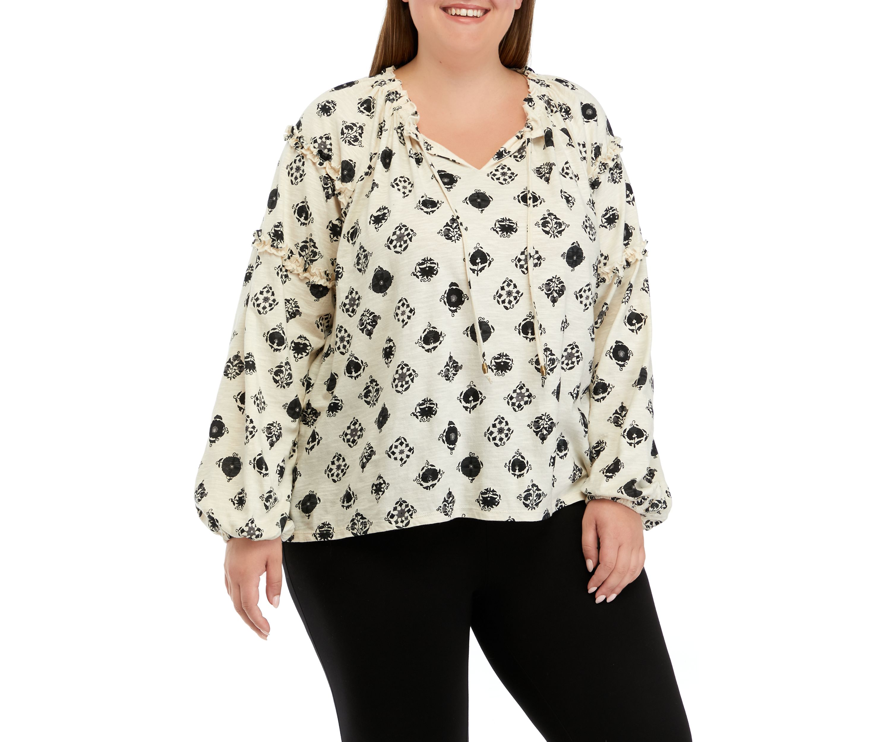 Plus Size Ruffle Sleeve Printed Peasant Top