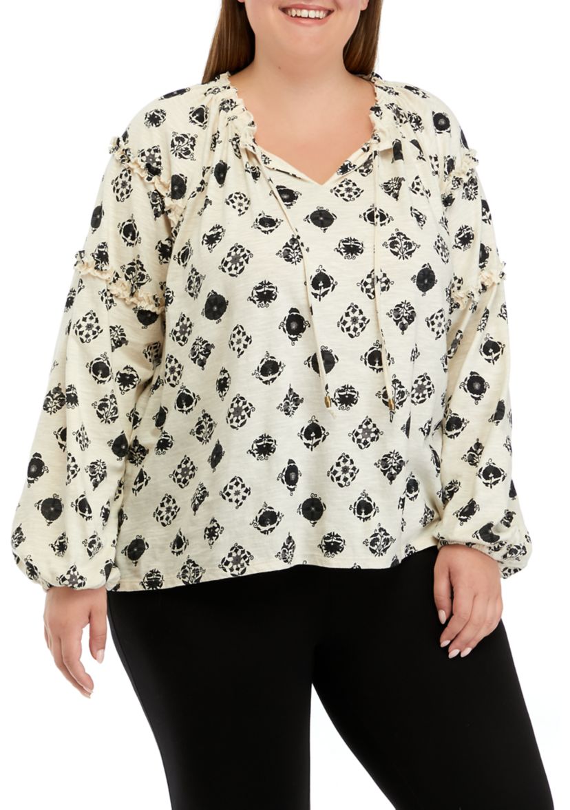 Plus Size Ruffle Sleeve Printed Peasant Top