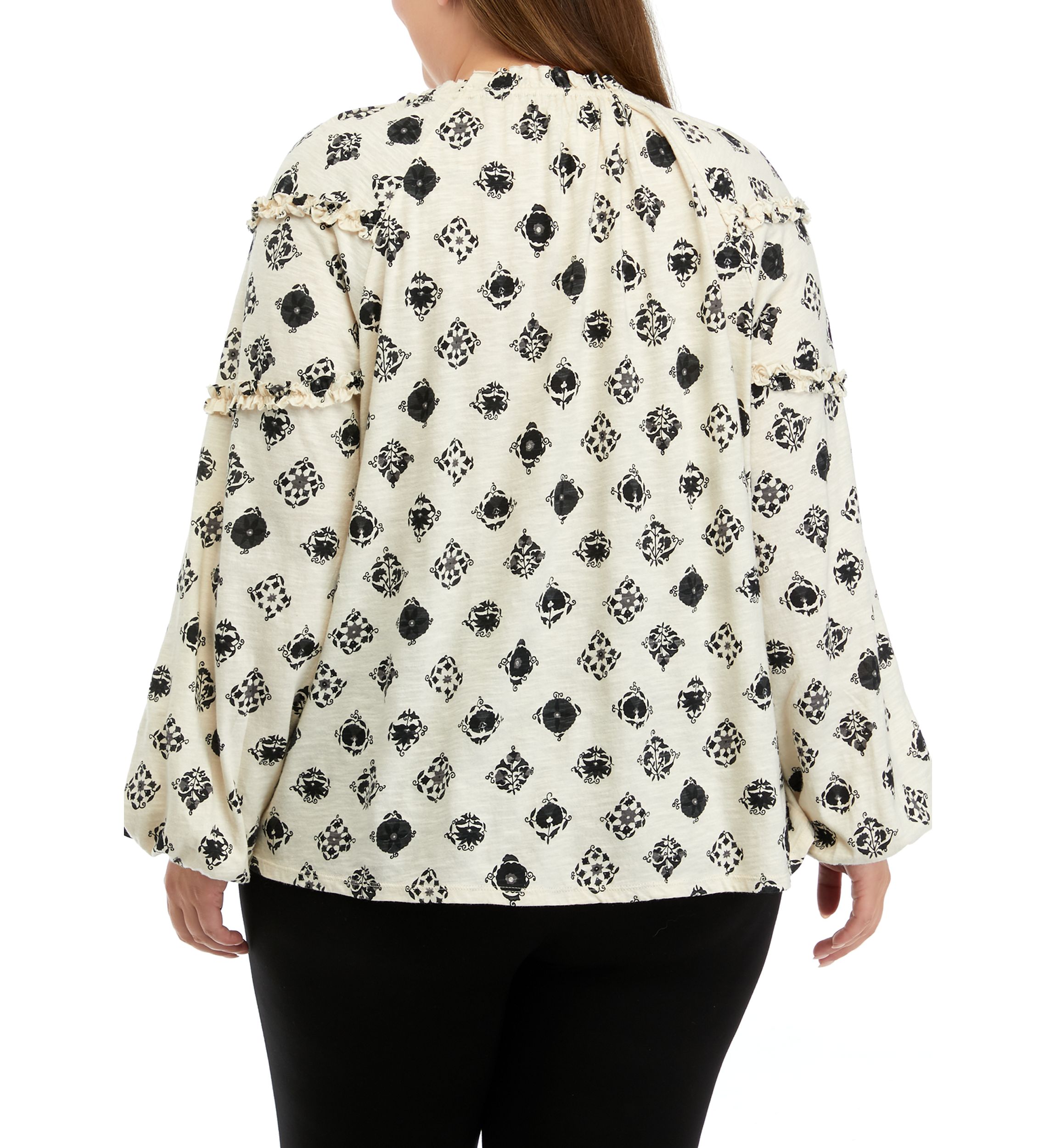 Plus Size Ruffle Sleeve Printed Peasant Top