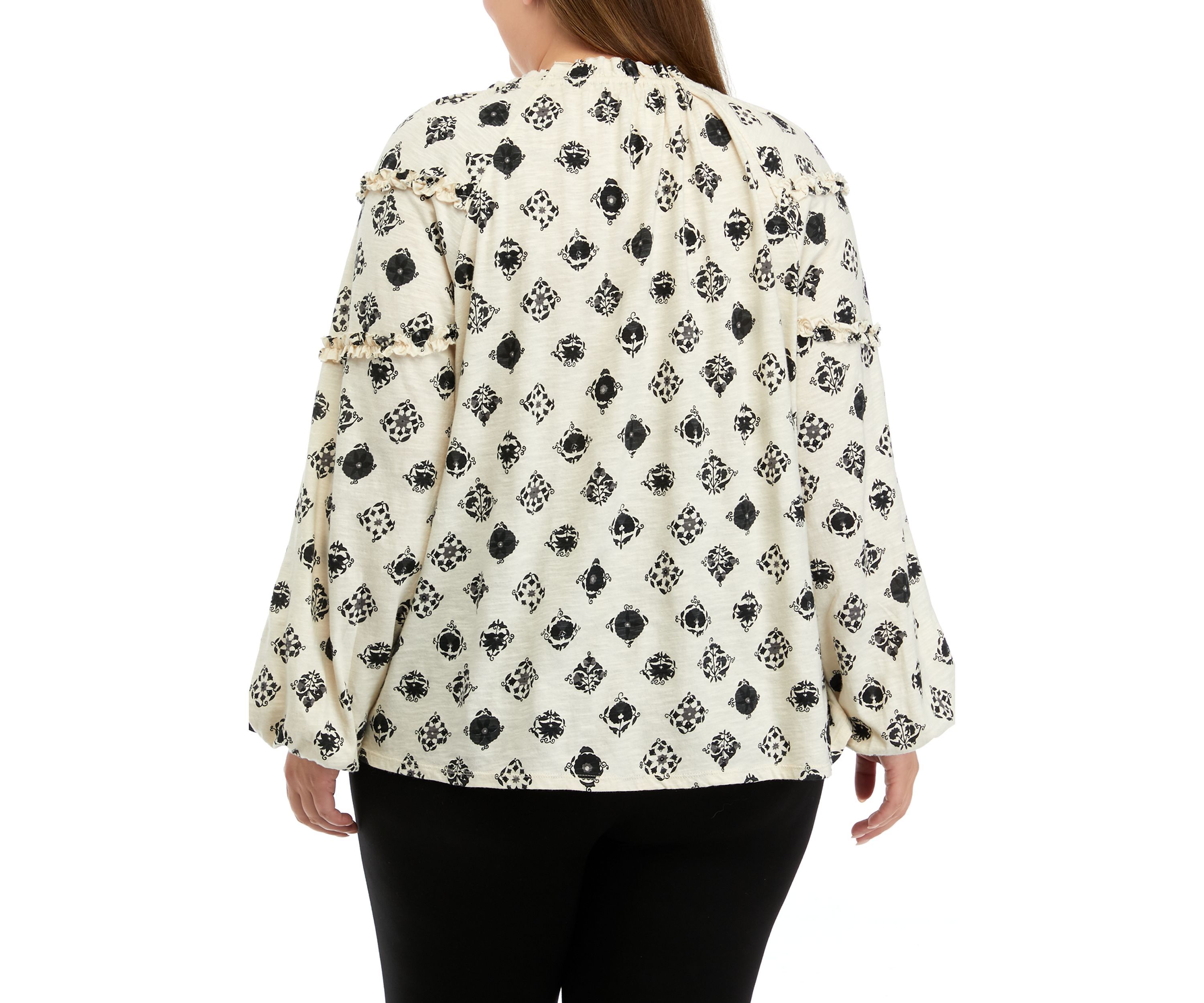 Plus Size Ruffle Sleeve Printed Peasant Top