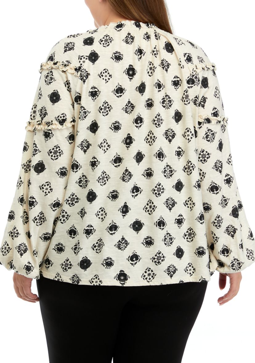 Plus Size Ruffle Sleeve Printed Peasant Top