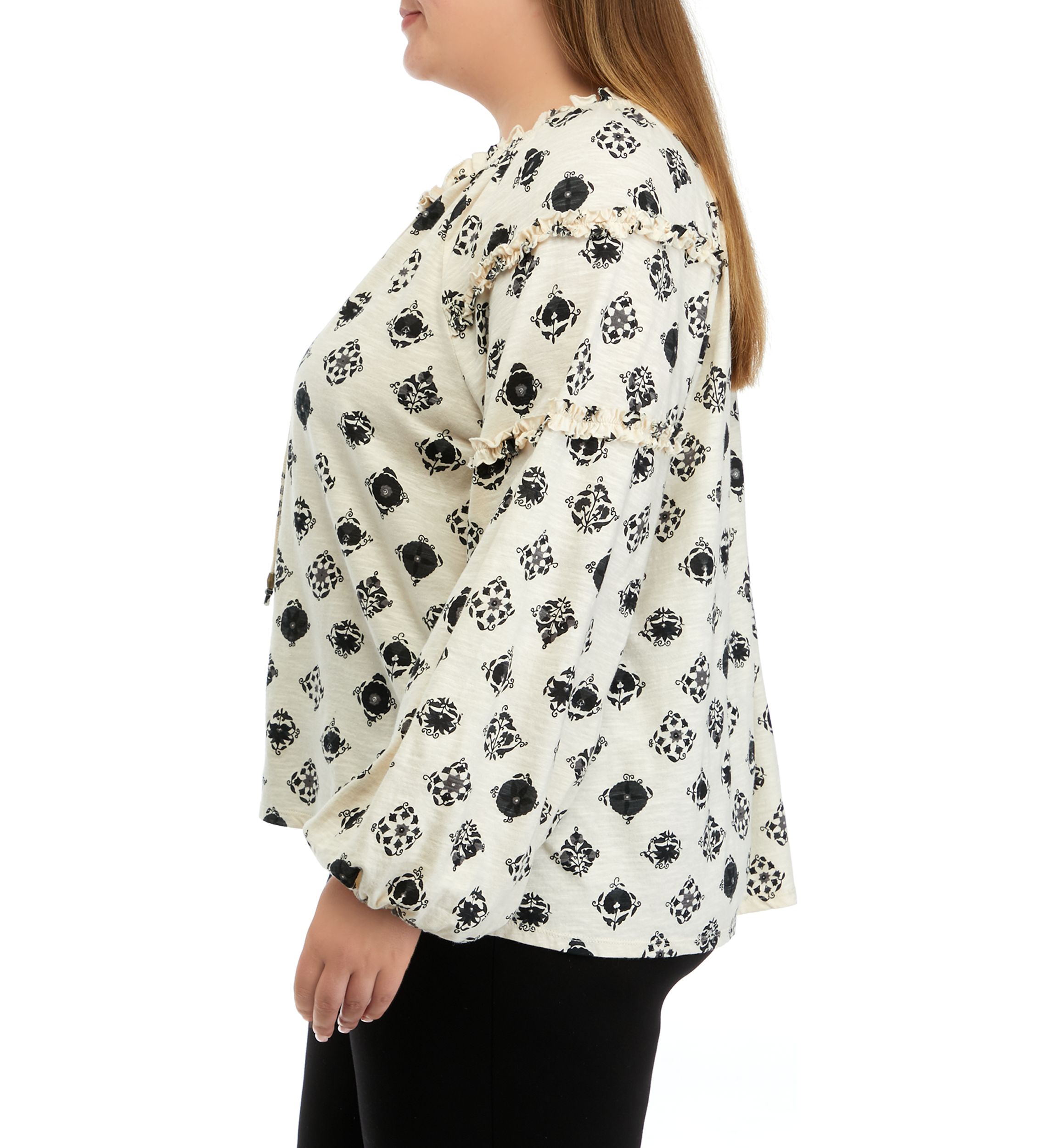Plus Size Ruffle Sleeve Printed Peasant Top