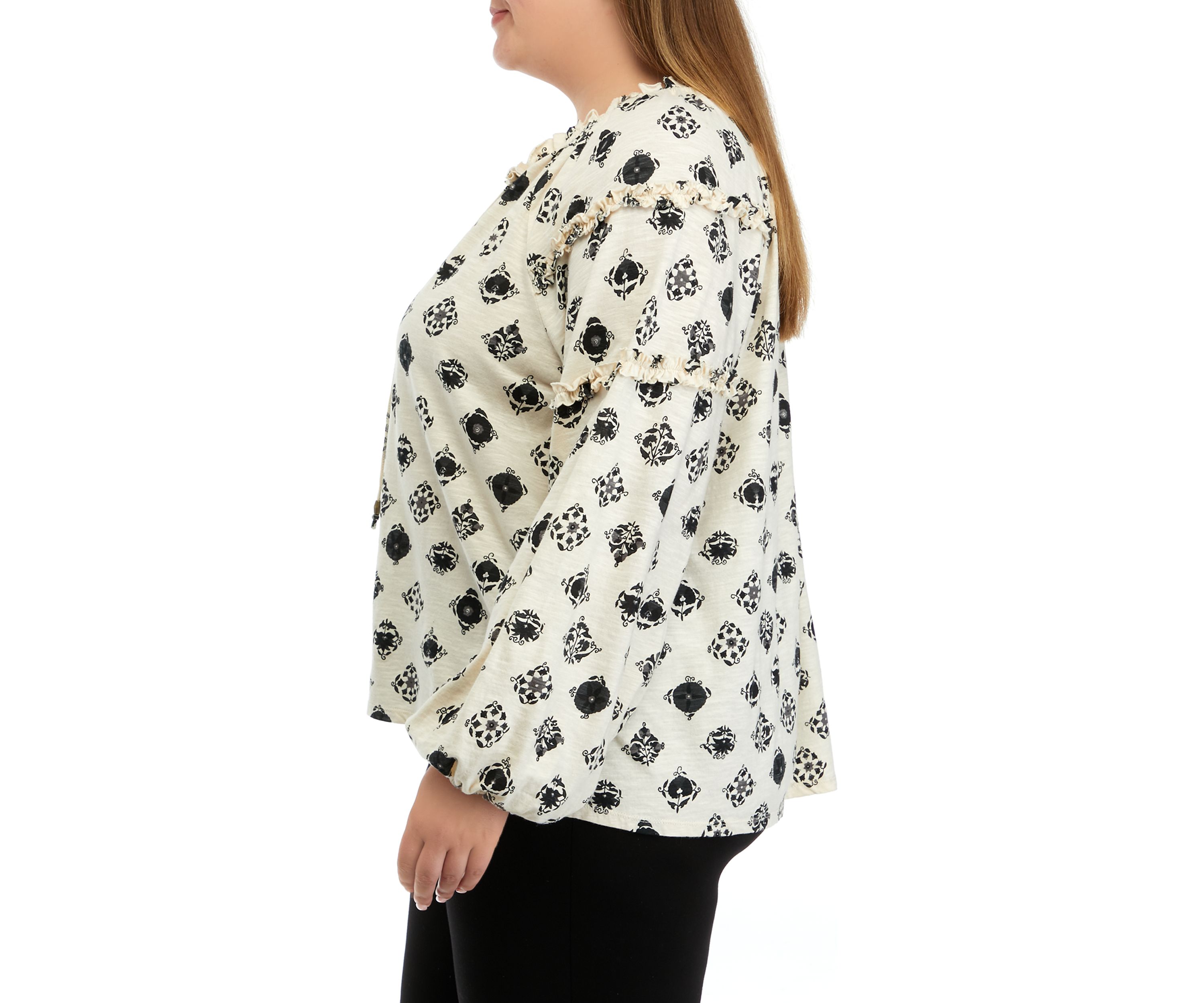 Plus Size Ruffle Sleeve Printed Peasant Top