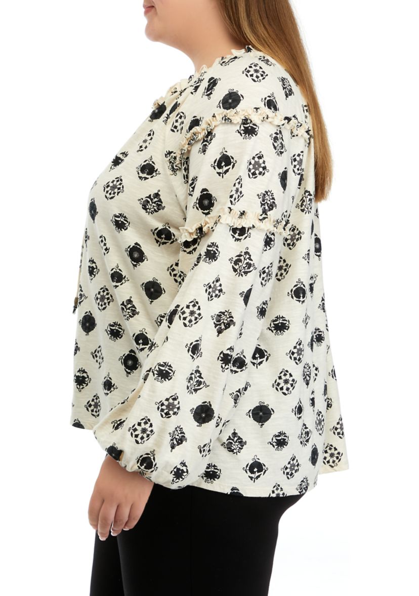Plus Size Ruffle Sleeve Printed Peasant Top
