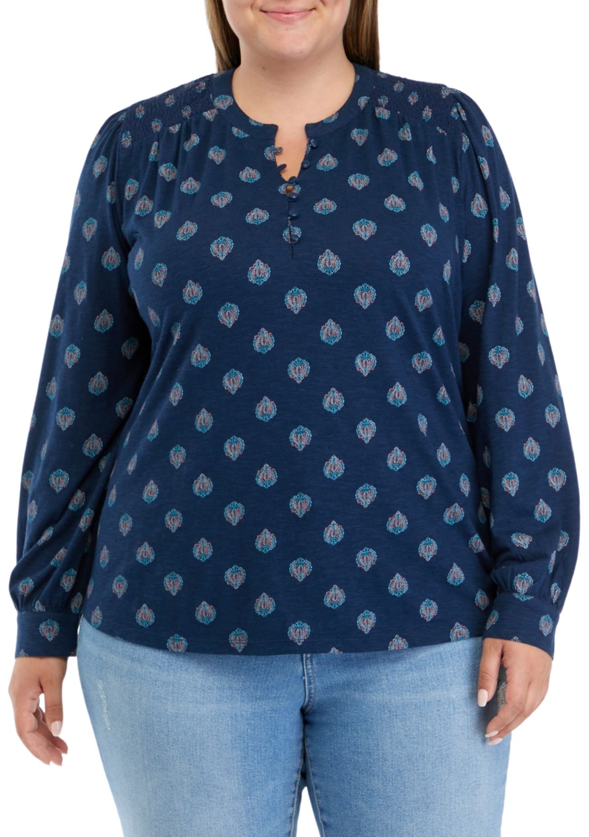 Plus Size Blouson Sleeve Smocked Henley Shirt 