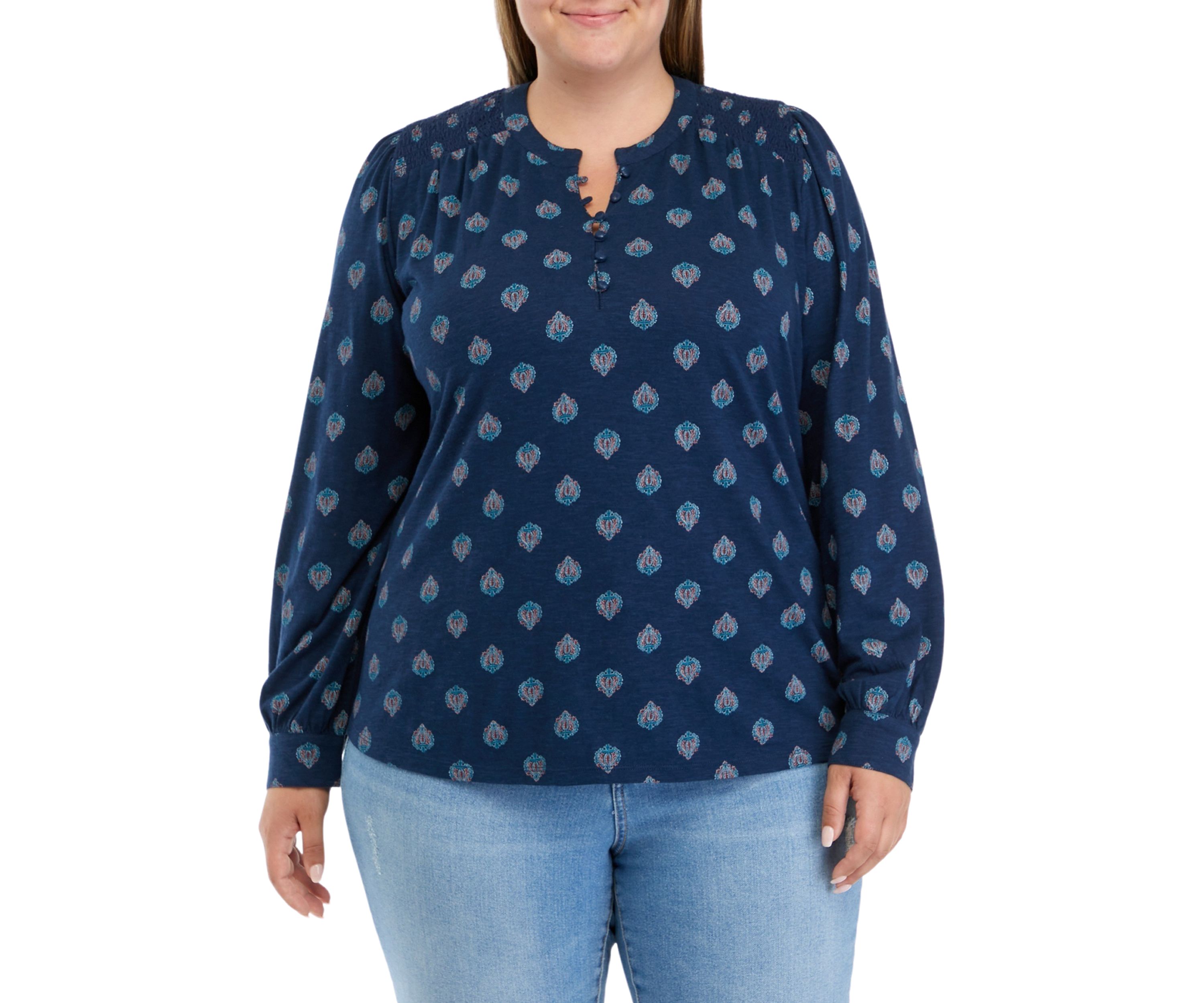 Plus Size Blouson Sleeve Smocked Henley Shirt 
