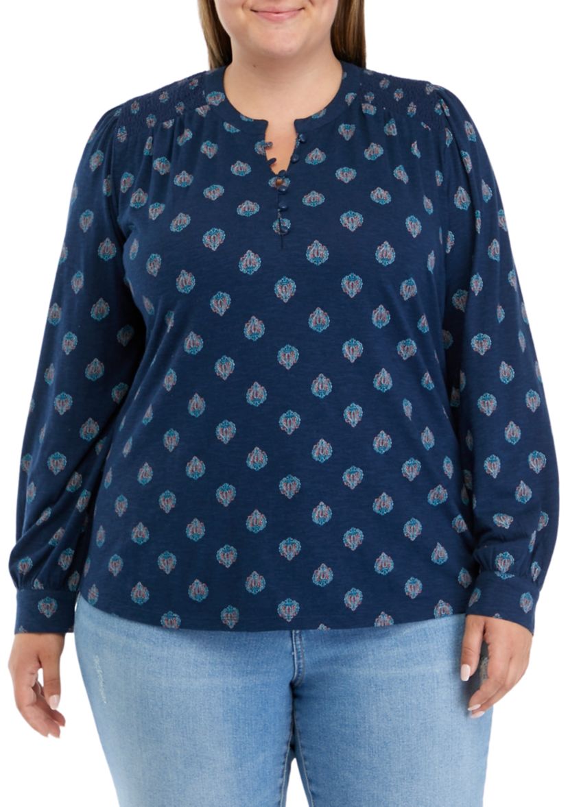 Plus Size Blouson Sleeve Smocked Henley Shirt 