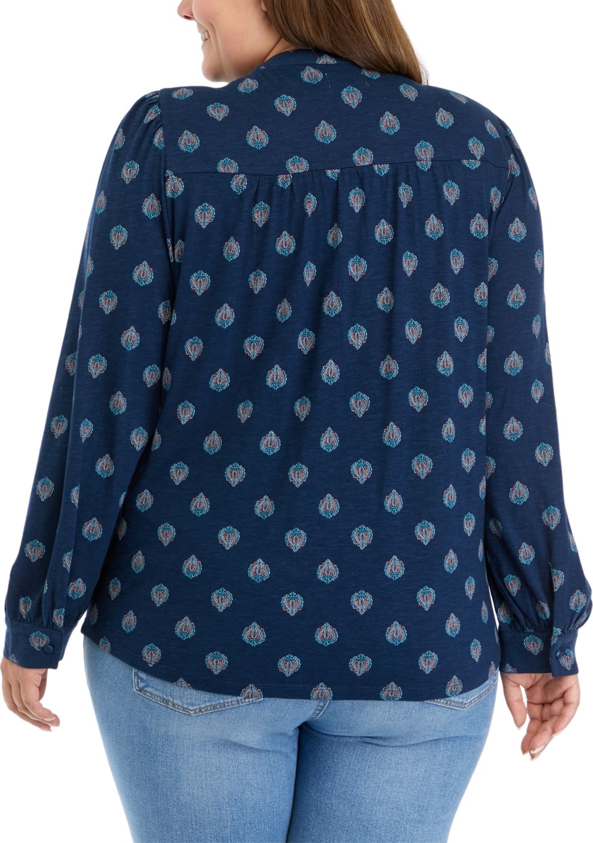 Plus Size Blouson Sleeve Smocked Henley Shirt 