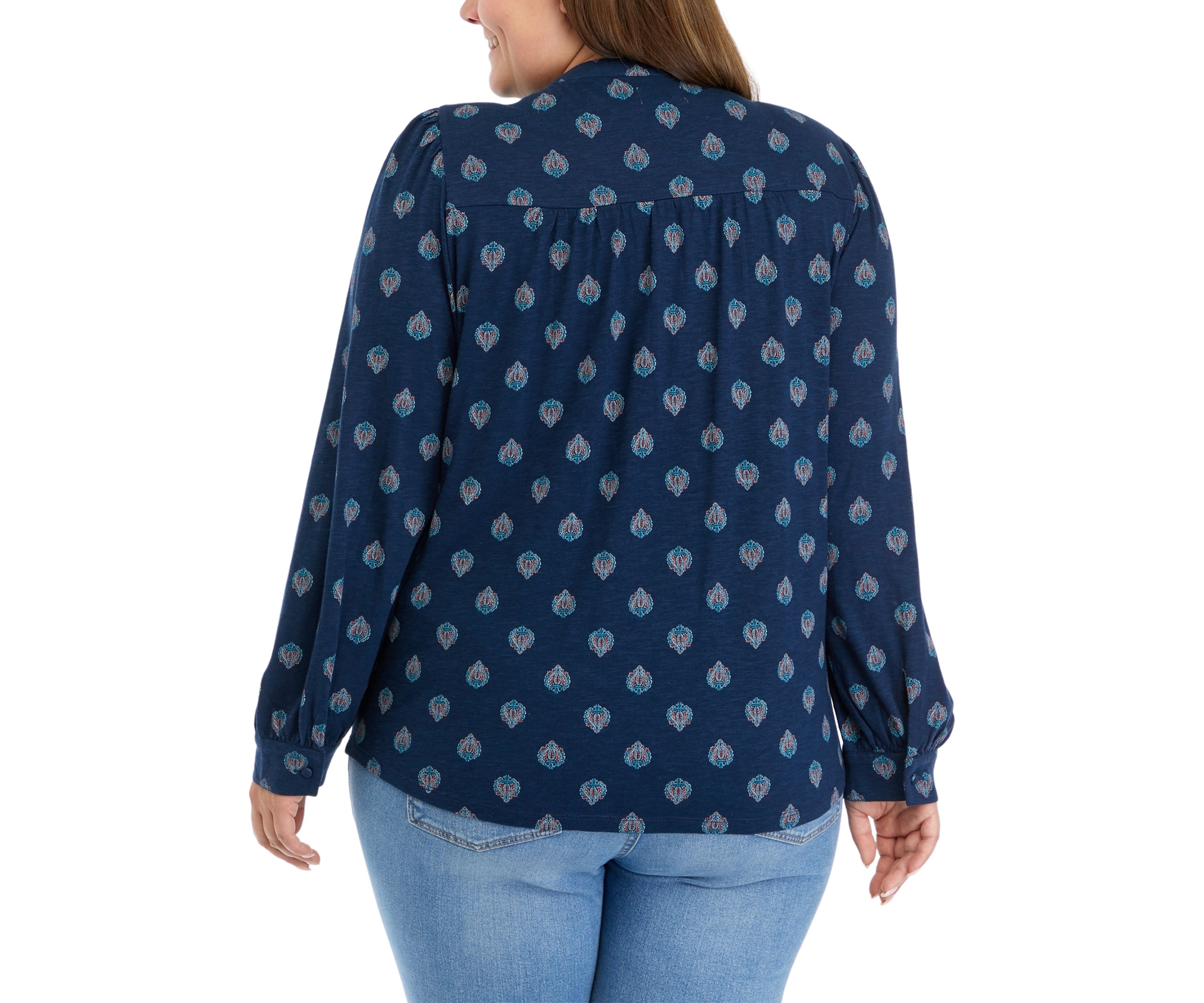 Plus Size Blouson Sleeve Smocked Henley Shirt 