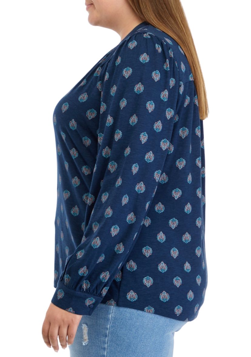 Plus Size Blouson Sleeve Smocked Henley Shirt 
