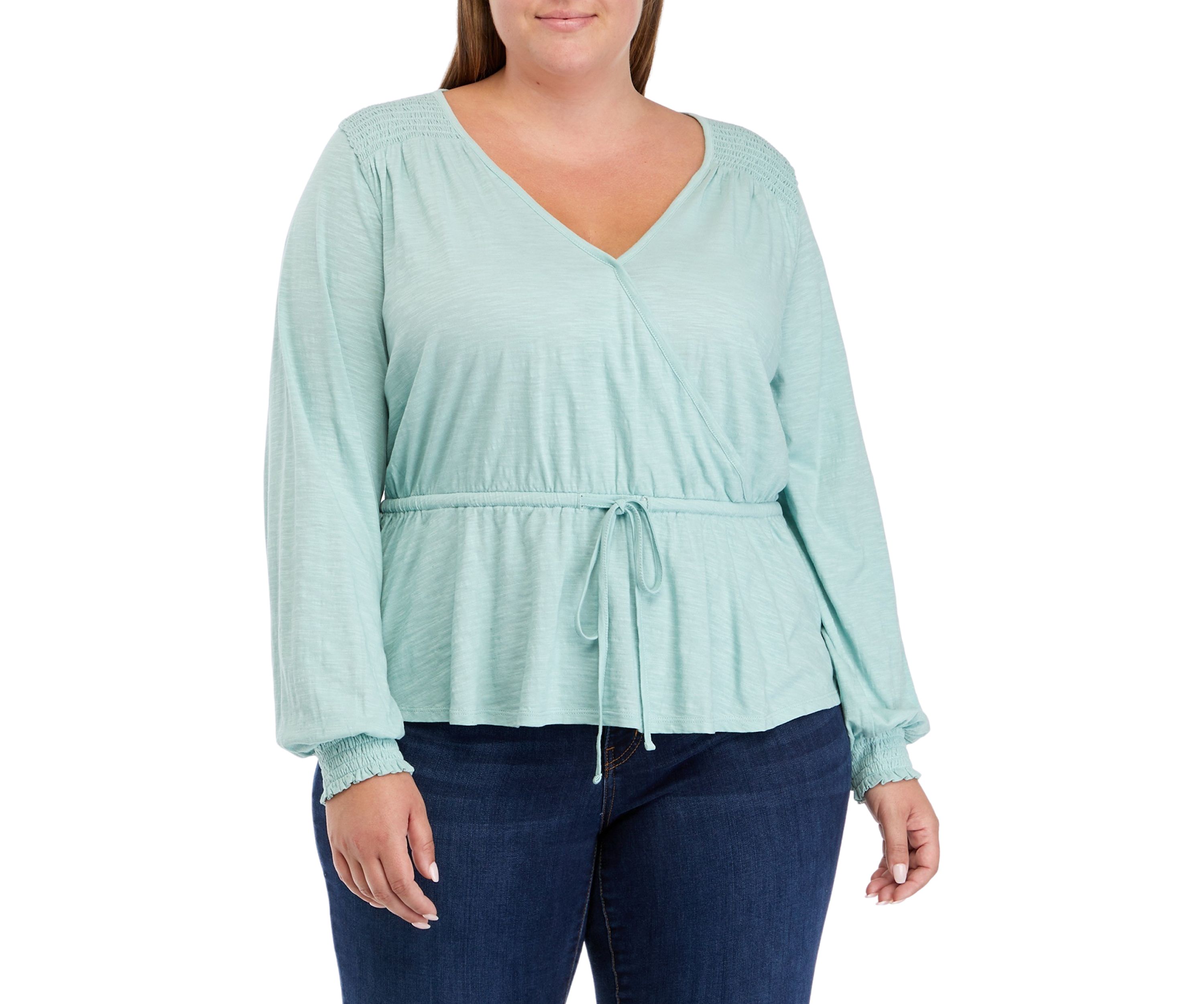 Plus Size Long Sleeve Tie Waist Peplum Top