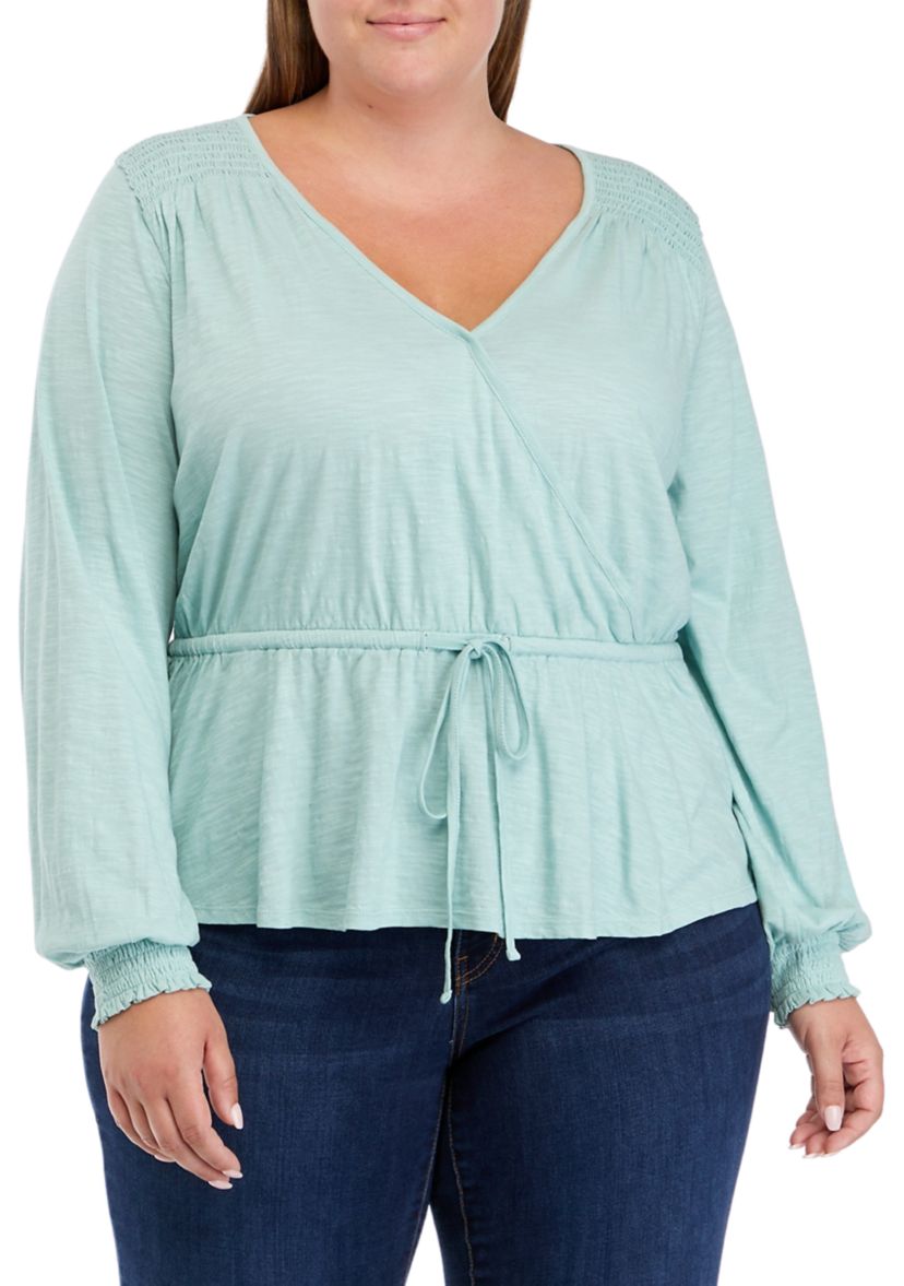 Plus Size Long Sleeve Tie Waist Peplum Top