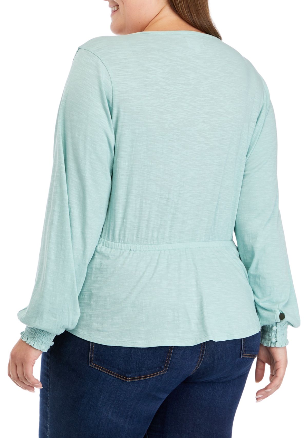 Plus Size Long Sleeve Tie Waist Peplum Top
