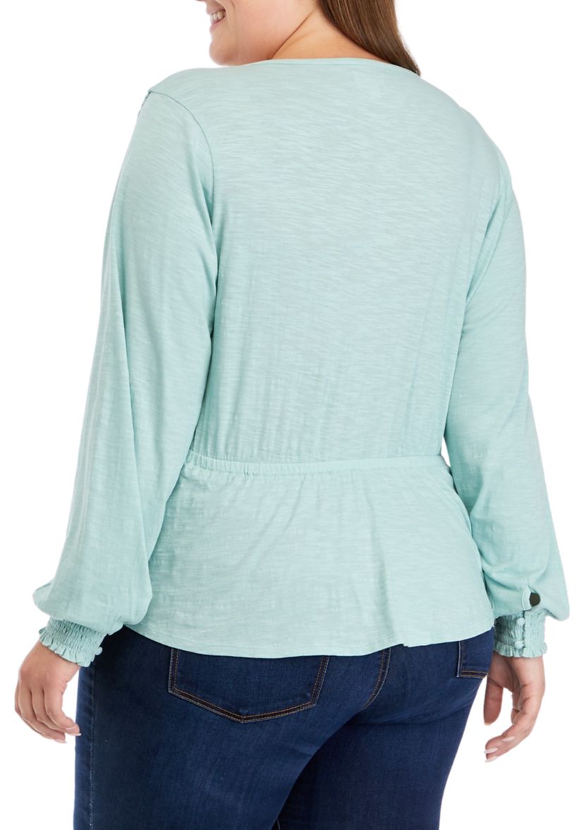 Plus Size Long Sleeve Tie Waist Peplum Top