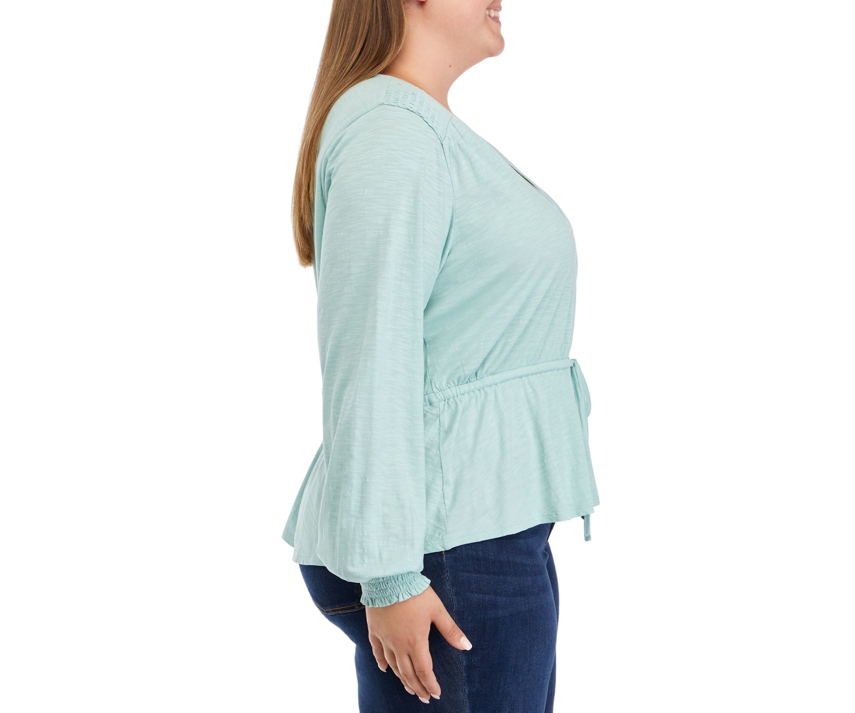 Plus Size Long Sleeve Tie Waist Peplum Top