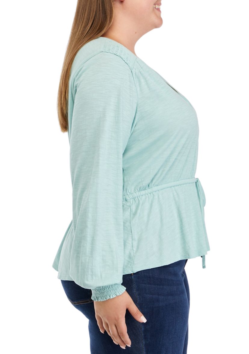 Plus Size Long Sleeve Tie Waist Peplum Top