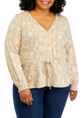 Wonderly Women's Plus Size Tie Waist Peplum Blouse