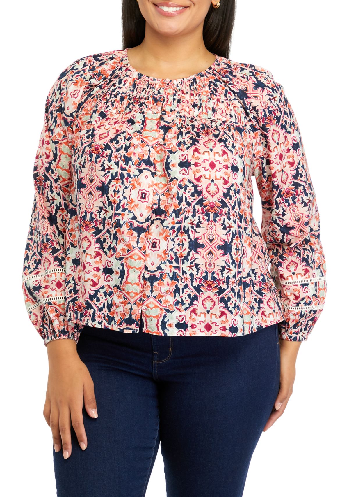 Plus Size Pintuck Printed Blouse