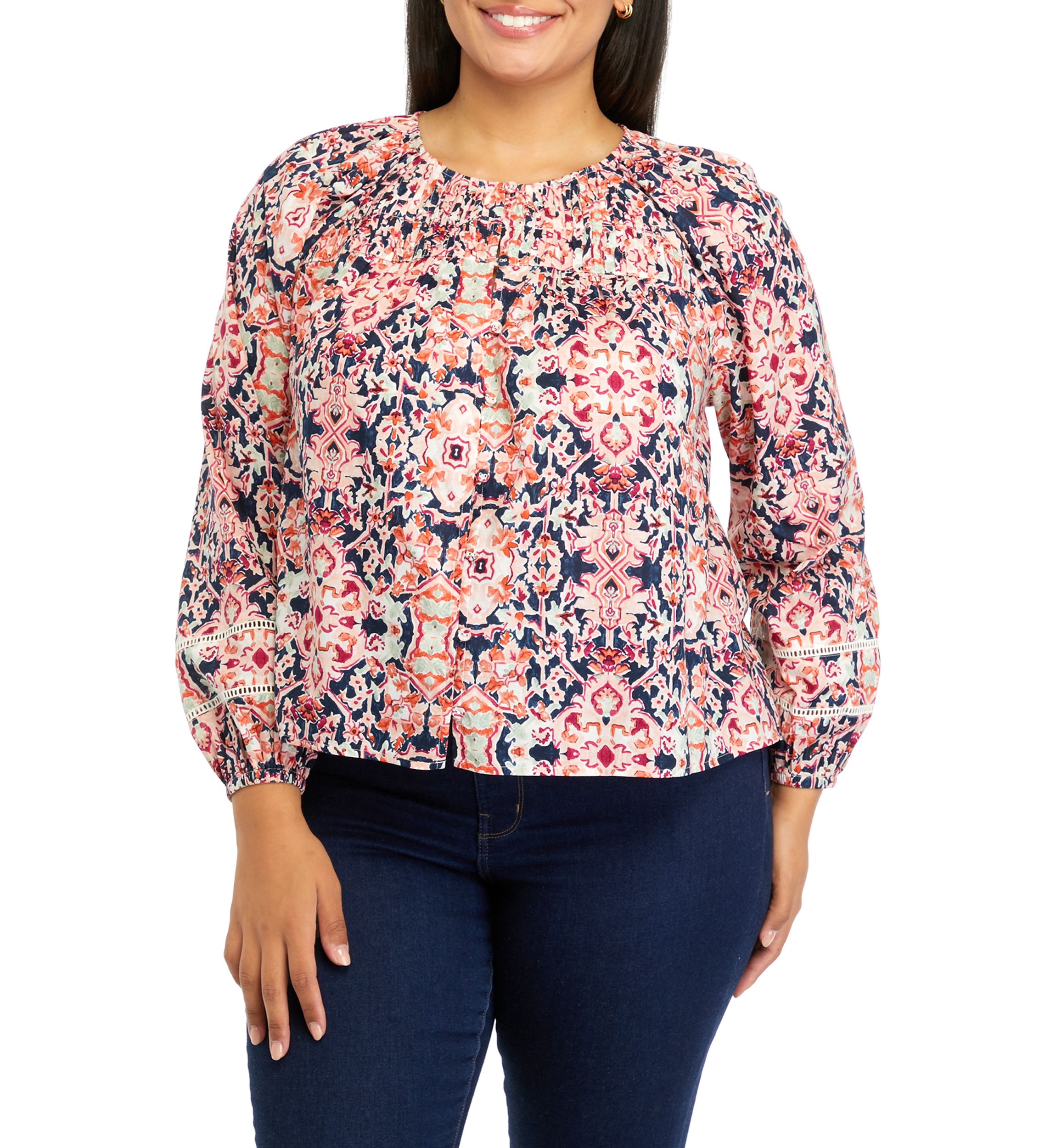 Plus Size Pintuck Printed Blouse