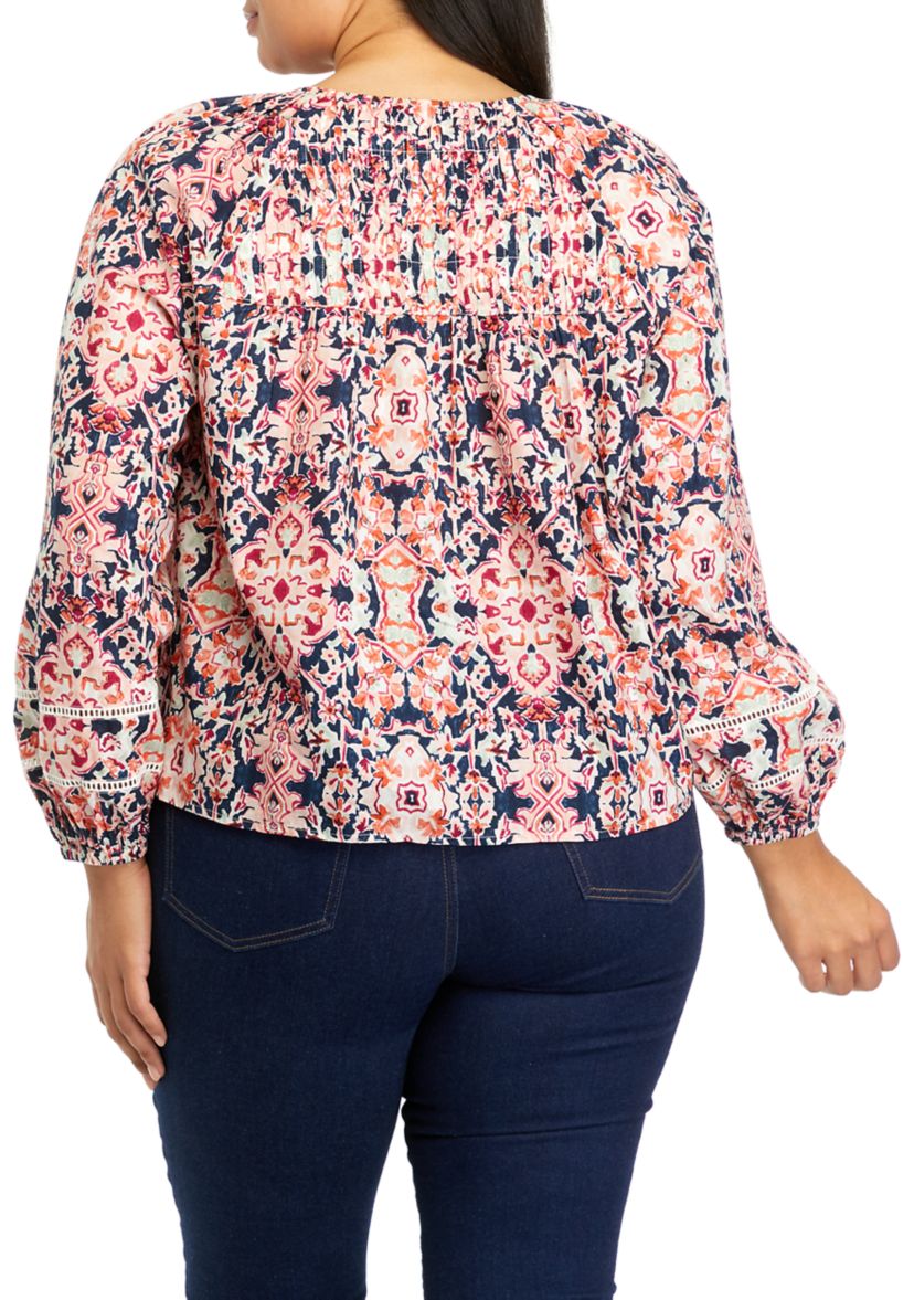 Plus Size Pintuck Printed Blouse