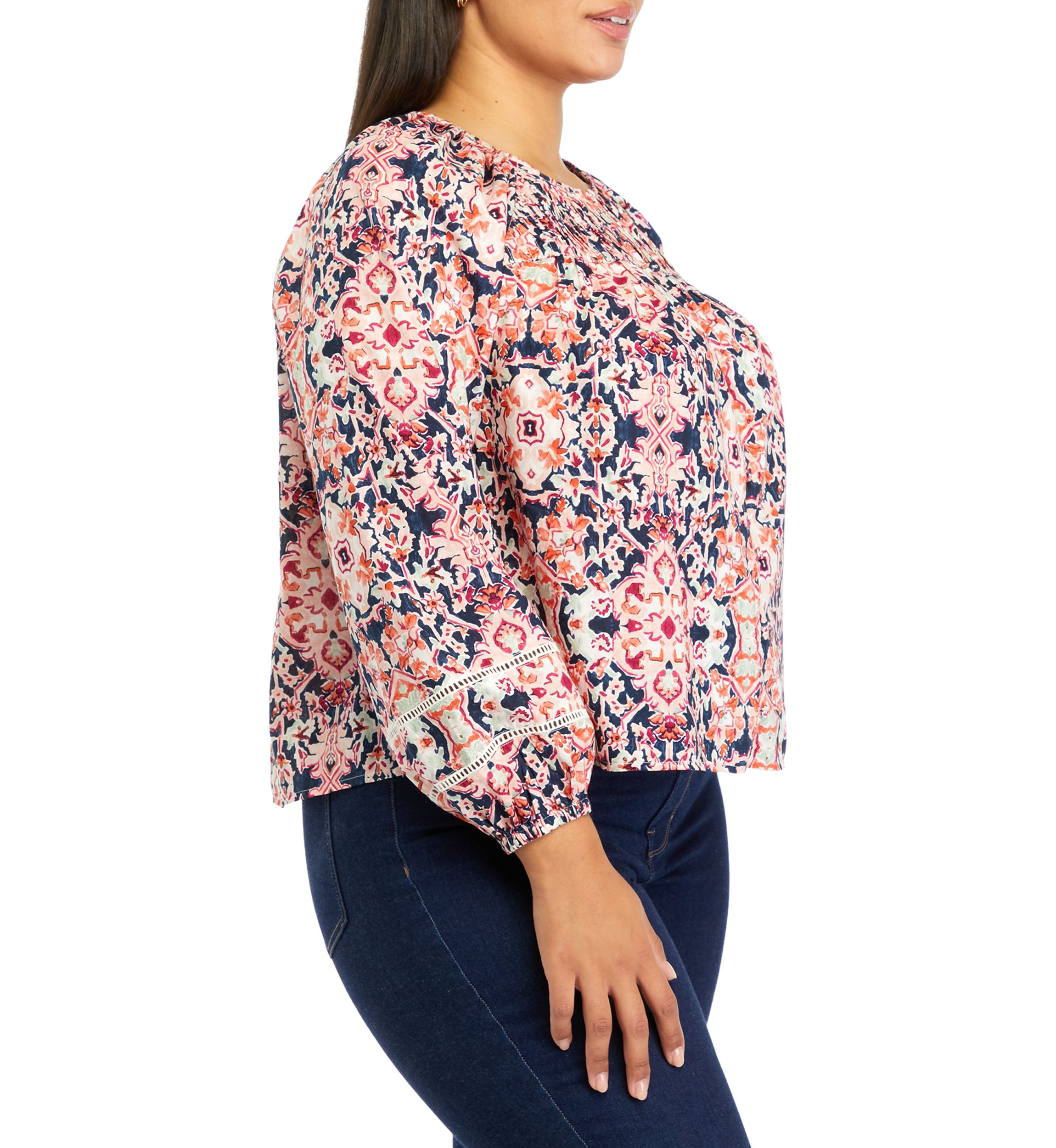 Plus Size Pintuck Printed Blouse