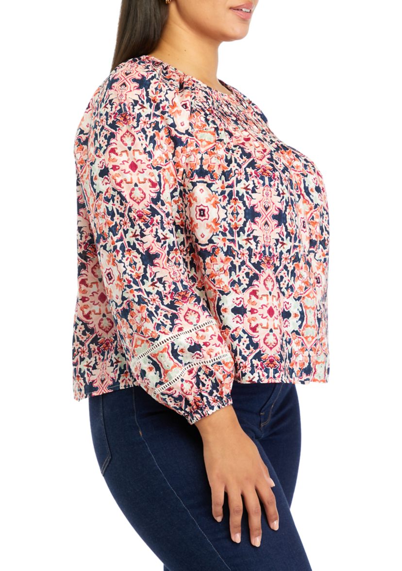Plus Size Pintuck Printed Blouse