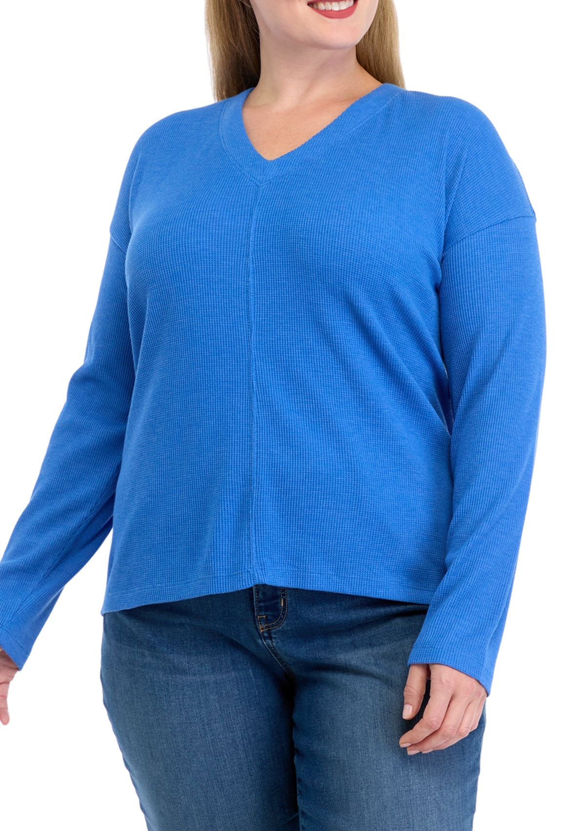 Plus Size Long Sleeve V-Neck Seam Front Top