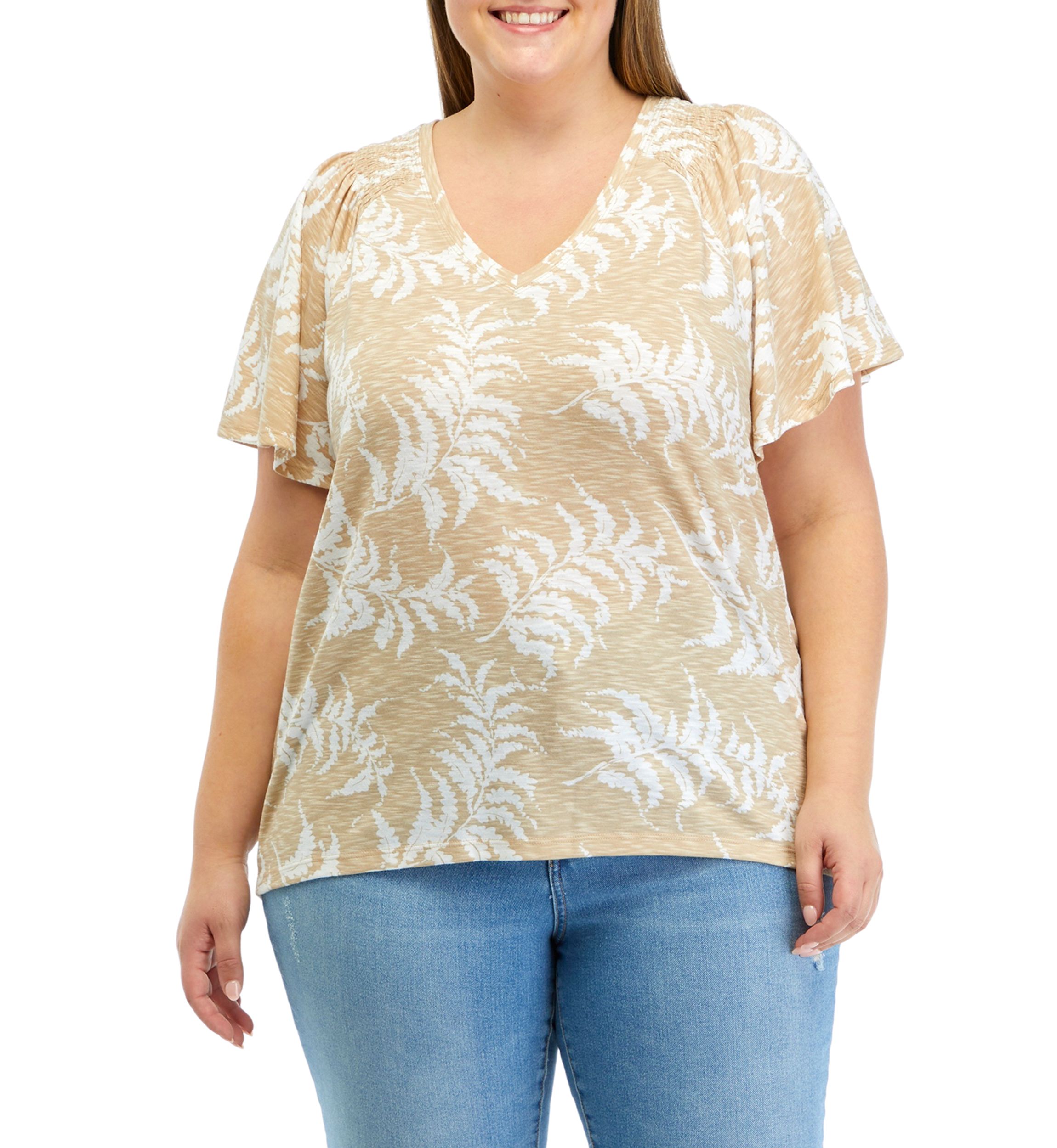 Plus Size V-Neck Flutter Sleeve Printed T-Shirt