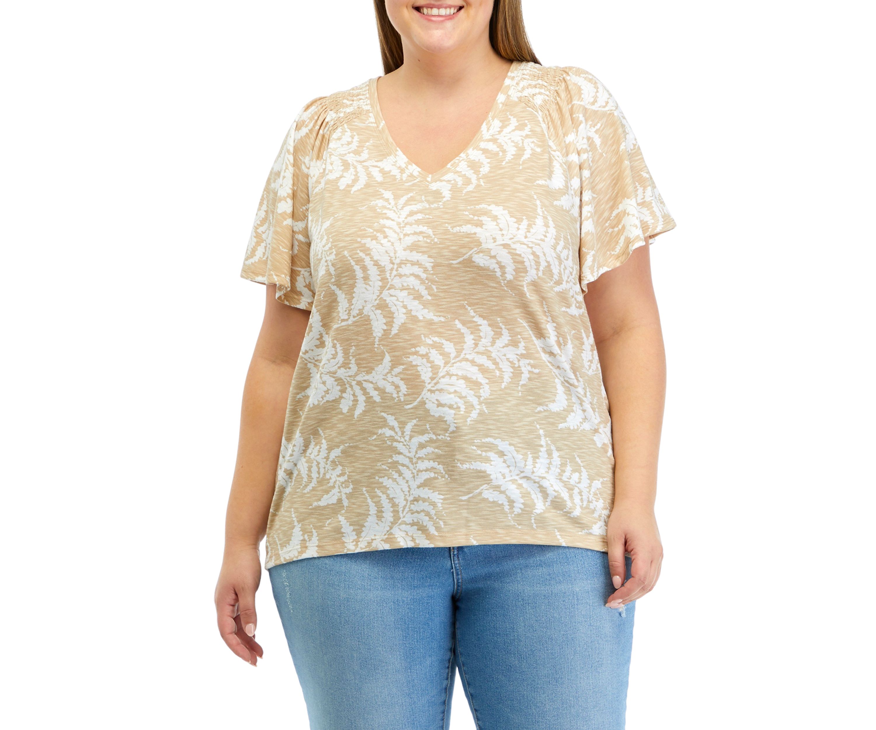 Plus Size V-Neck Flutter Sleeve Printed T-Shirt