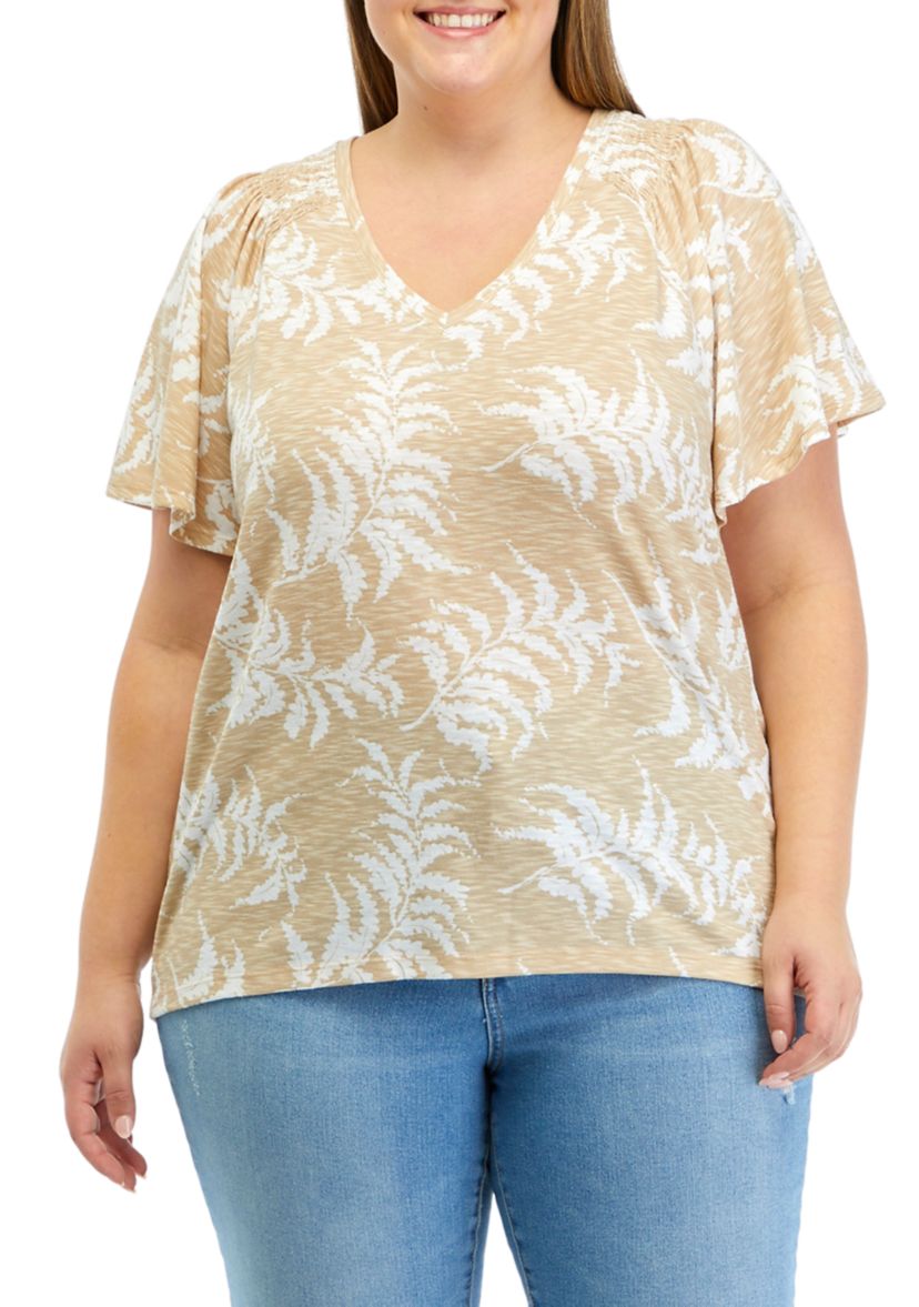 Plus Size V-Neck Flutter Sleeve Printed T-Shirt