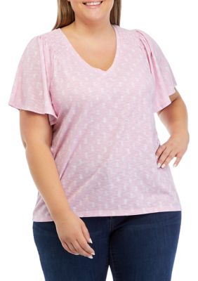 Wonderly Women's Plus Size V-Neck Flutter Sleeve Printed T-Shirt, Pink -  0480023936232