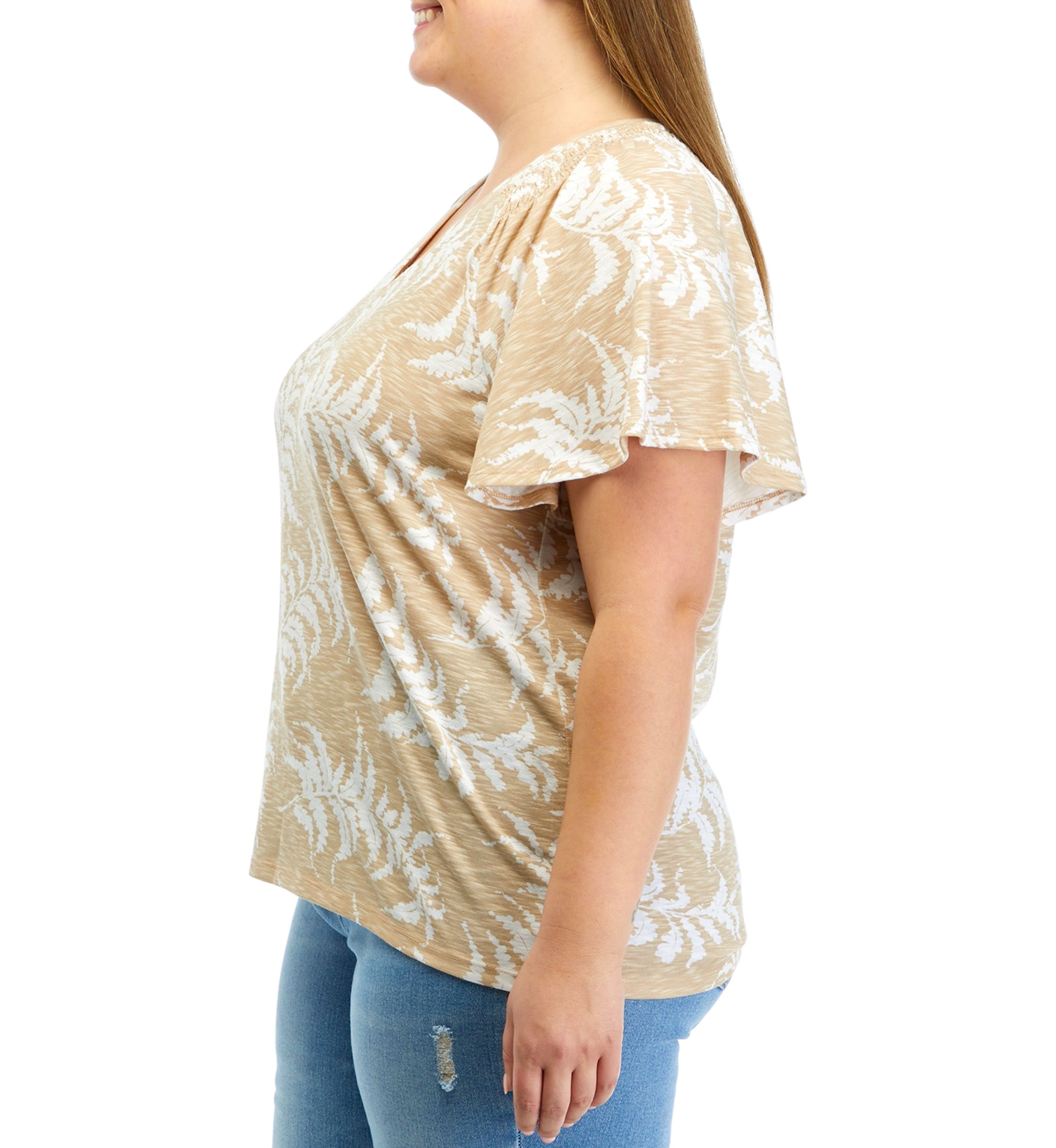 Plus Size V-Neck Flutter Sleeve Printed T-Shirt