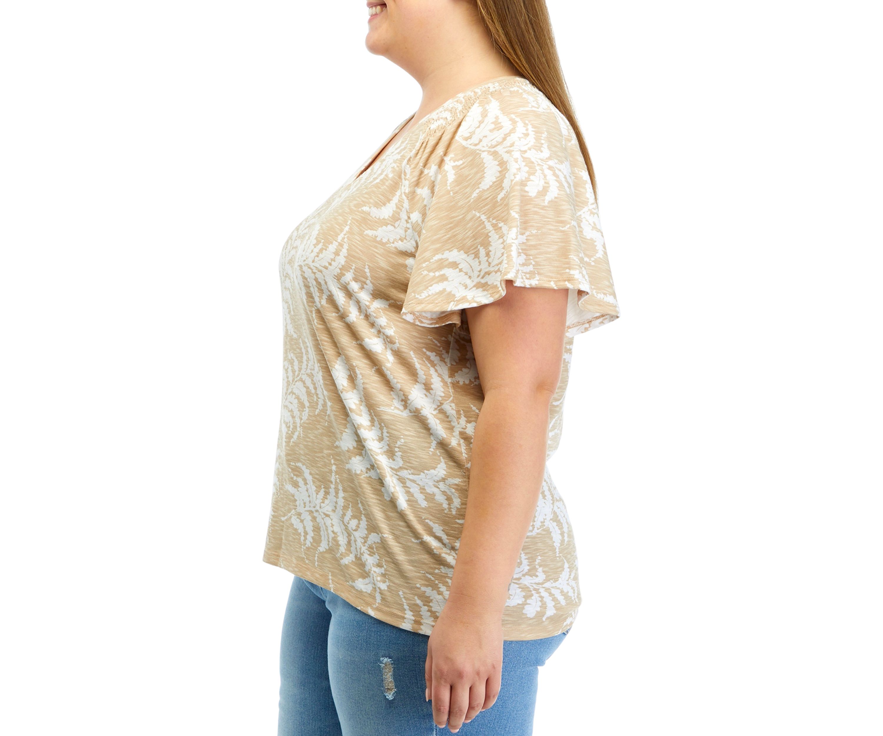 Plus Size V-Neck Flutter Sleeve Printed T-Shirt