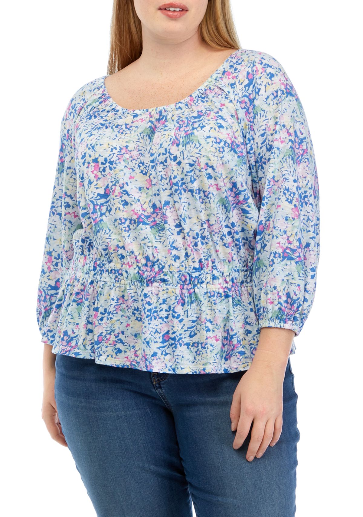 Plus Size 3/4 Sleeve Smocked Peasant Printed Top