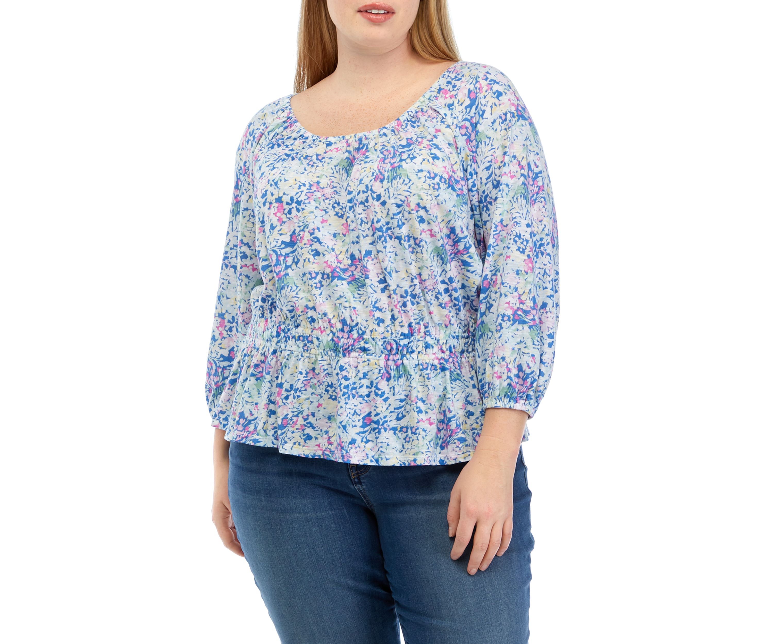 Plus Size 3/4 Sleeve Smocked Peasant Printed Top