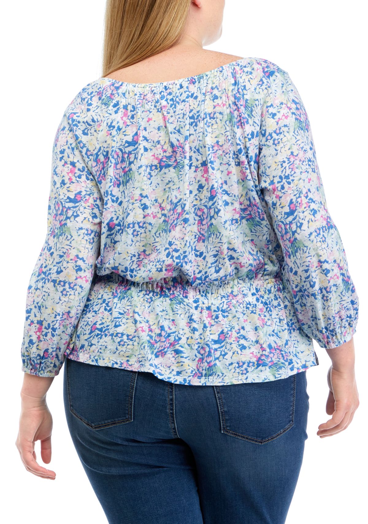 Plus Size 3/4 Sleeve Smocked Peasant Printed Top